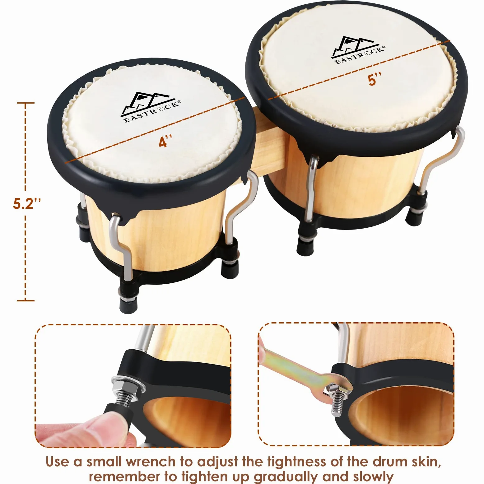 EASTROCK Bongo Drum 4" e 5" Set Per di tamburi per adulti,principianti,per professionisti, strumenti a percussione in legno e metallo con chiave sintonizzabile