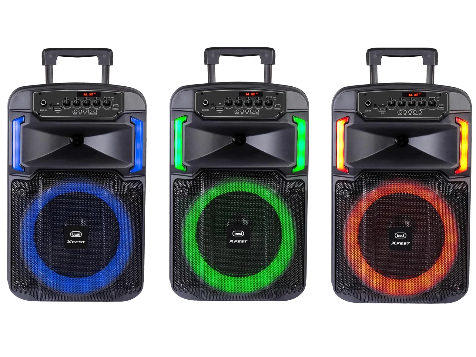 Trevi XF 370 KB Speaker Wireless 25W, Altoparlante Portatile con Trolley e Microfono Dinamico per Karaoke, Connessione Audio Wireless, USB, Micro SD, Batteria al Litio Integrata