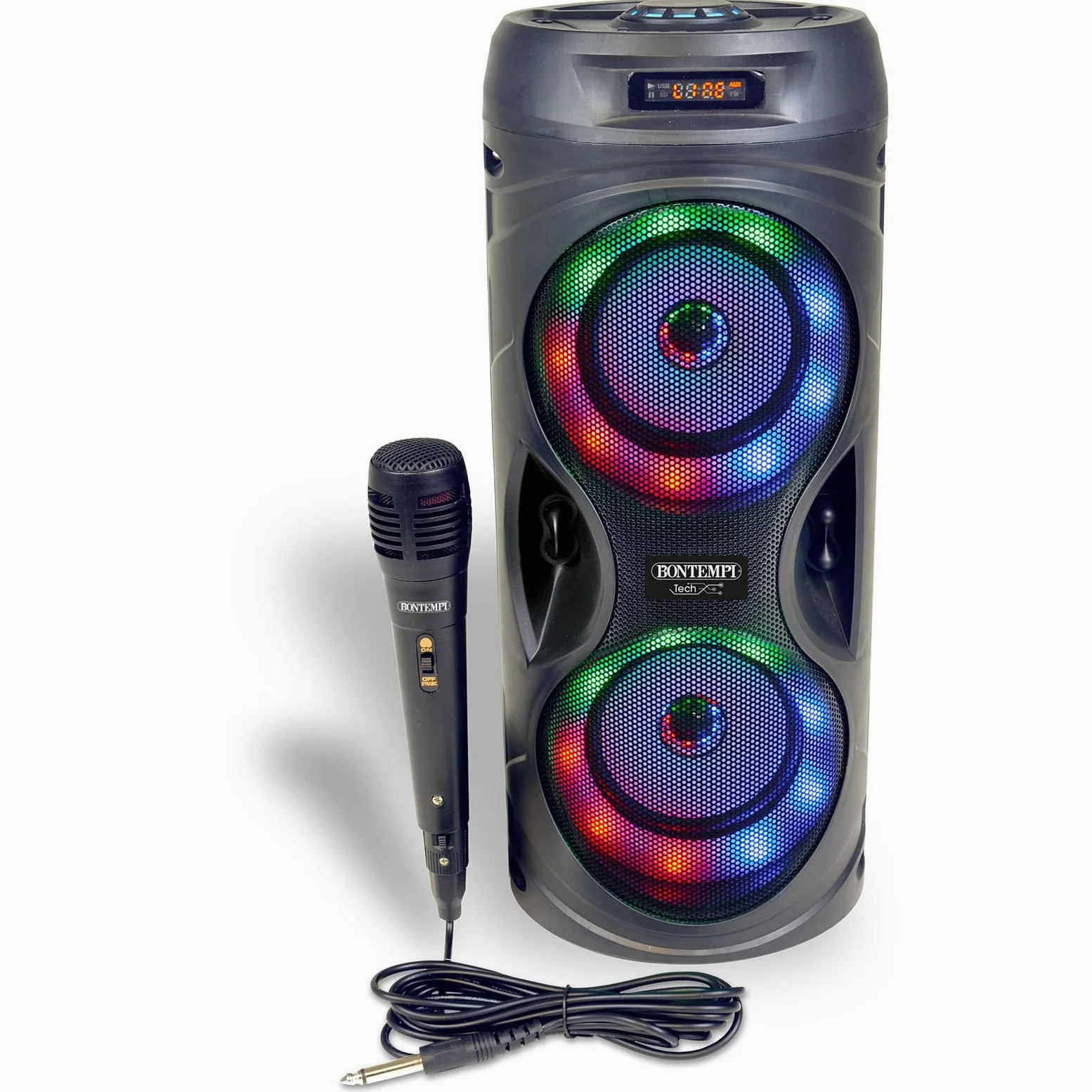 Bontempi | SonicSync - Amplificatore Wireless Karaoke con Microfono Dinamico, Effetti Luminosi, Regolatore Alti e Bassi, TWS ed Effetto Eco, 41,4x18,8x18,8 cm