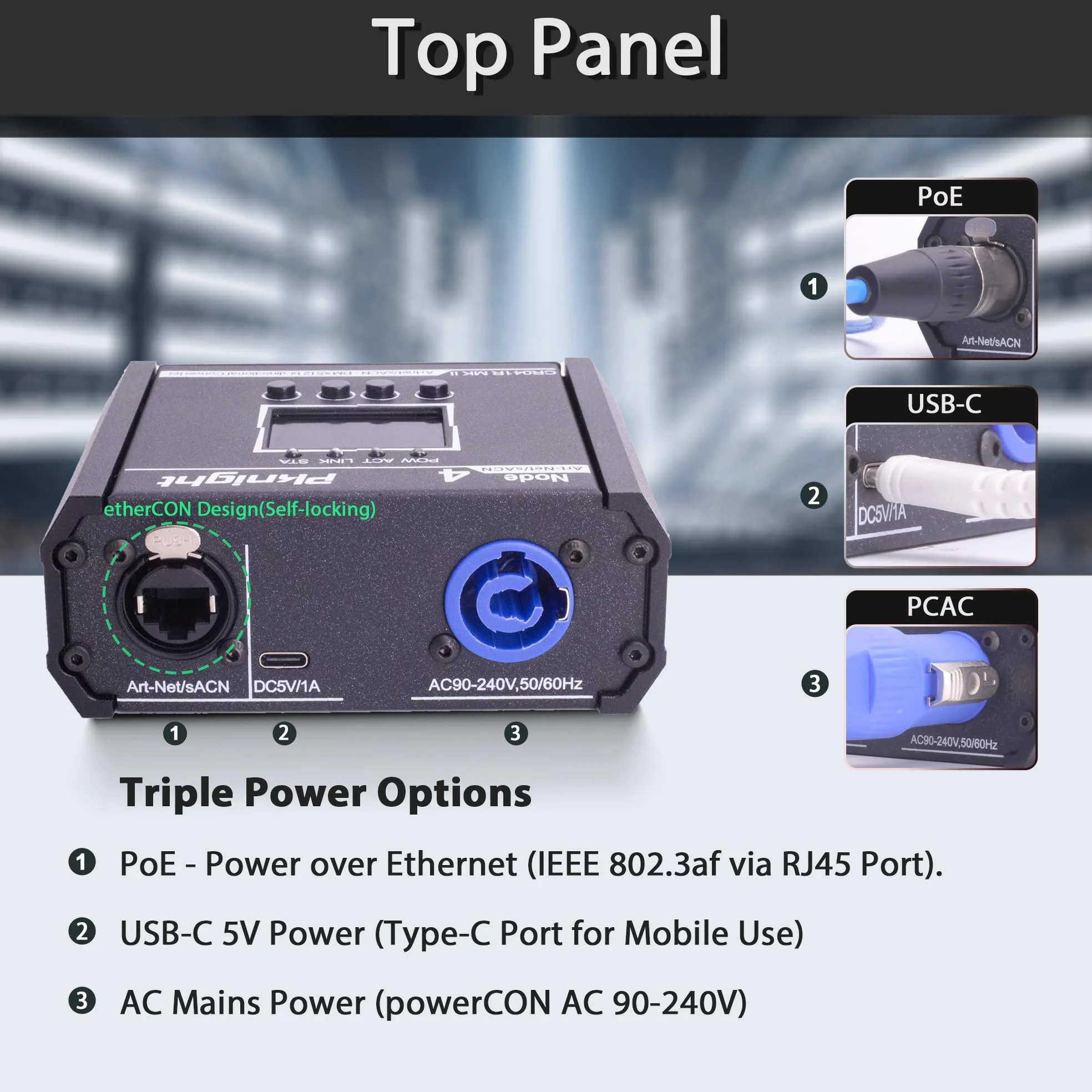 Pknight Convertitore Art-Net/sACN DMX512 a 4 porte bidirezionale, un nodo compatto con PowerCON, PoE e USB-C per l’illuminazione scenica – CR041R MK II