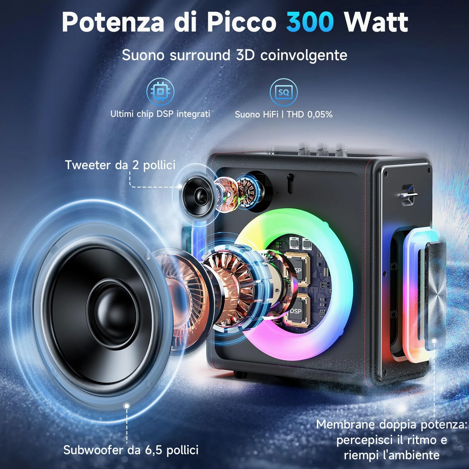 HWWR Karaoke con 3 Microfono Wireless, 120W cassa Bluetooth 5.3 Portatile con Subwoofer Aggiornato per Adulti, sistema PA con regolazione dell'eco, supporto TWS/TF Card/USB/AUX/Live