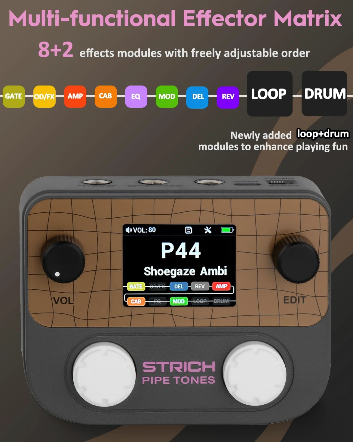 STRICH Pipe Tones Pocket Multi-Effects Processor per chitarra e basso con pedale 10 moduli effetto 125 effetti Looper 40s 100 pattern di batteria Interfaccia audio USB Controllo wireless(Grigio scuro)