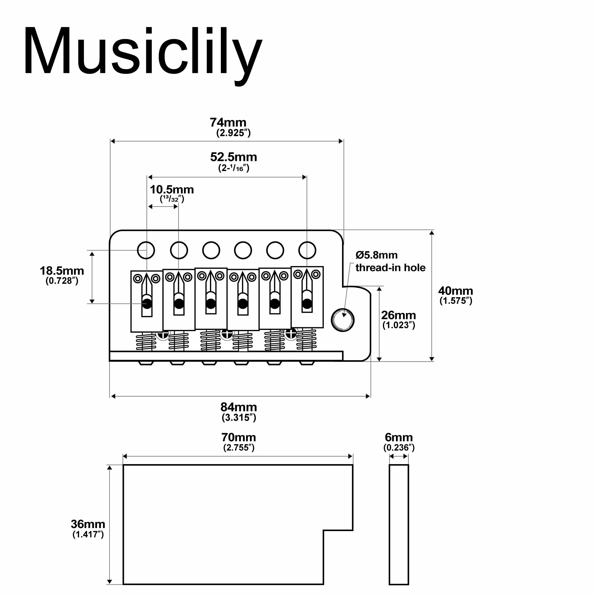 Musiclily 52,5mm Ponte Tremolo 6 Viti per Chitarra Elettrica tipo Strat, Cromato