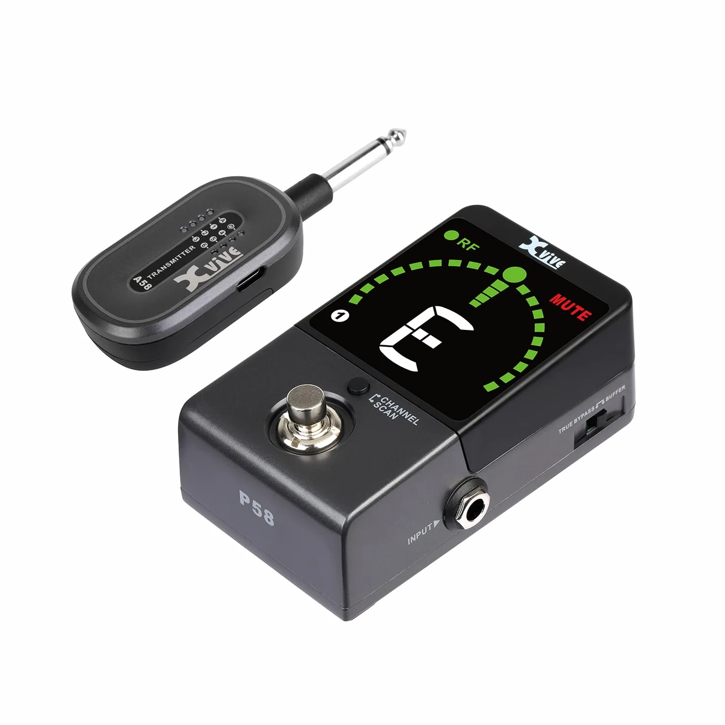 Xvive - P58 - Sistema a Pedale Wireless per Chitarra Basso Acustica - Trasmettitore a 5,8 GHz e ricevitore a pedale con accordatore cromatico, compatibile con pickup attivi o passivi piezoelettrica