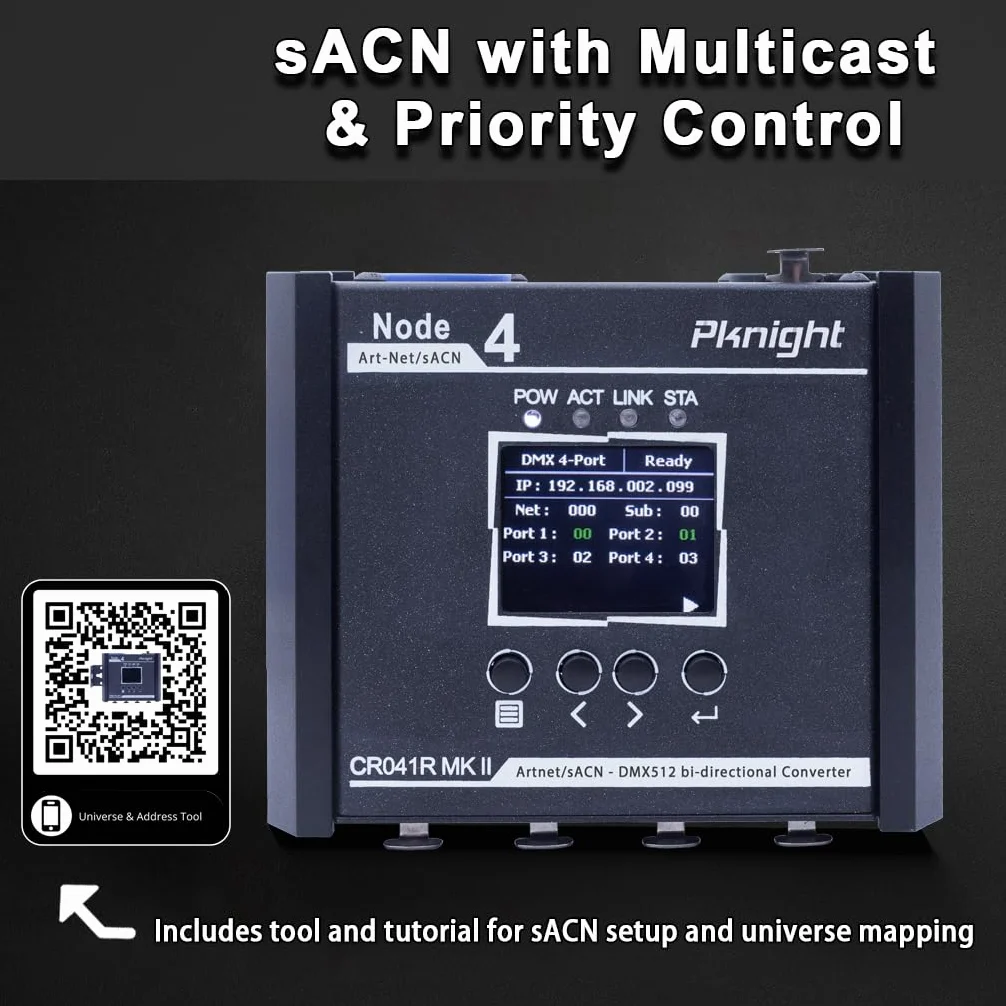 Pknight Convertitore Art-Net/sACN DMX512 a 4 porte bidirezionale, un nodo compatto con PowerCON, PoE e USB-C per l’illuminazione scenica – CR041R MK II