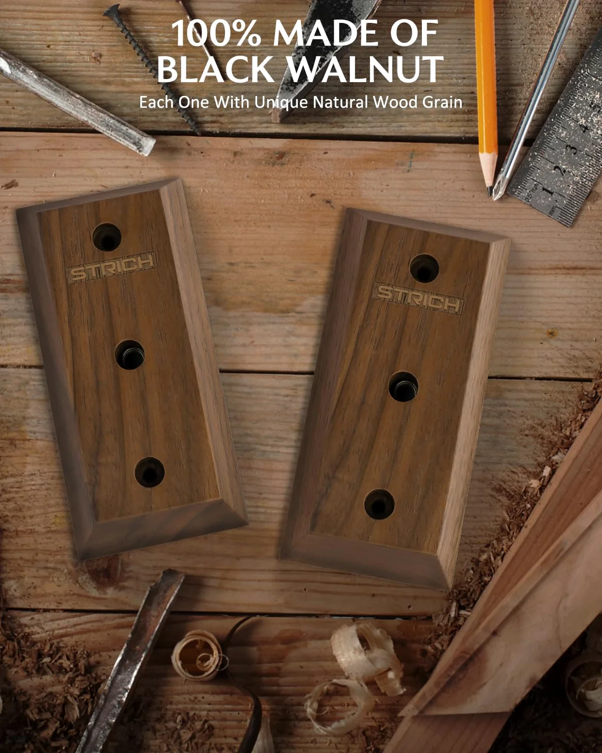 STRICH - Supporto da parete per chitarra, in legno di noce nero, gancio a U per chitarra acustica ed elettrica, basso, ukulele, violino, mandolino, banjo (confezione da 3)