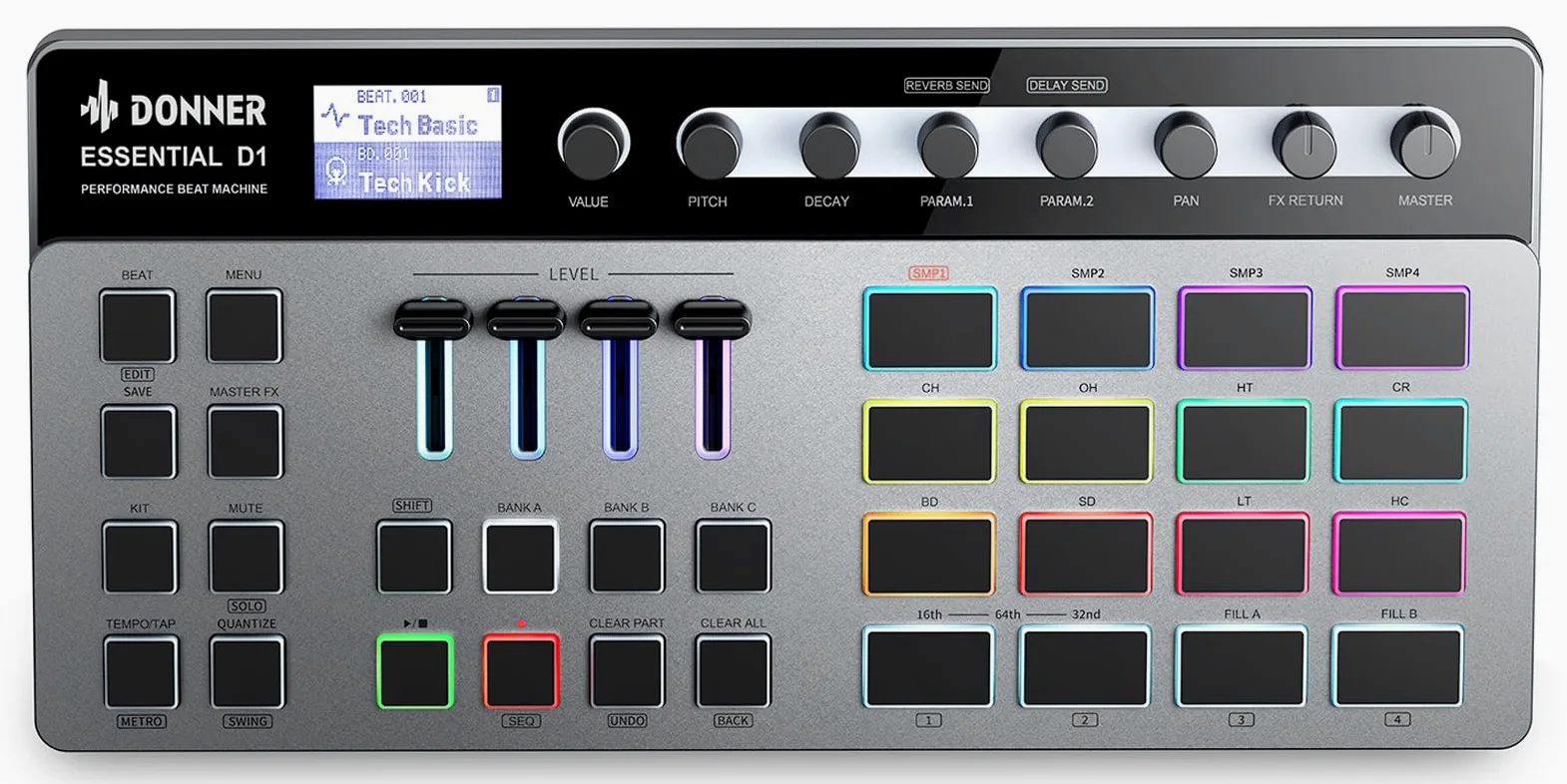 Donner Essential D1 Finger Drum Machine & Step Sequence Combinato, Boast Color-Coded UI, 12 tracce Sample, 16 RGB Beat Pad, 64 Modelli di Battitura Preimpostati, 5 Encoder Senza Fine