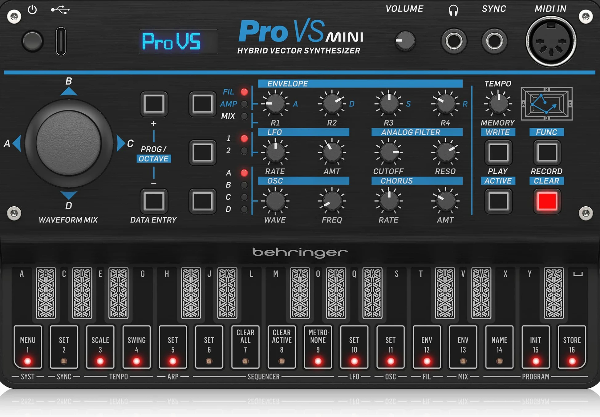 Bellinger PRO-VS MINI Sintetizzatore vettoriale ibrido di dimensioni portatili con sequencer/arpeggiatore effetto coro integrato, 32 preset, alimentato da USB di tipo C, compatibile con MIDI 5 DIN,