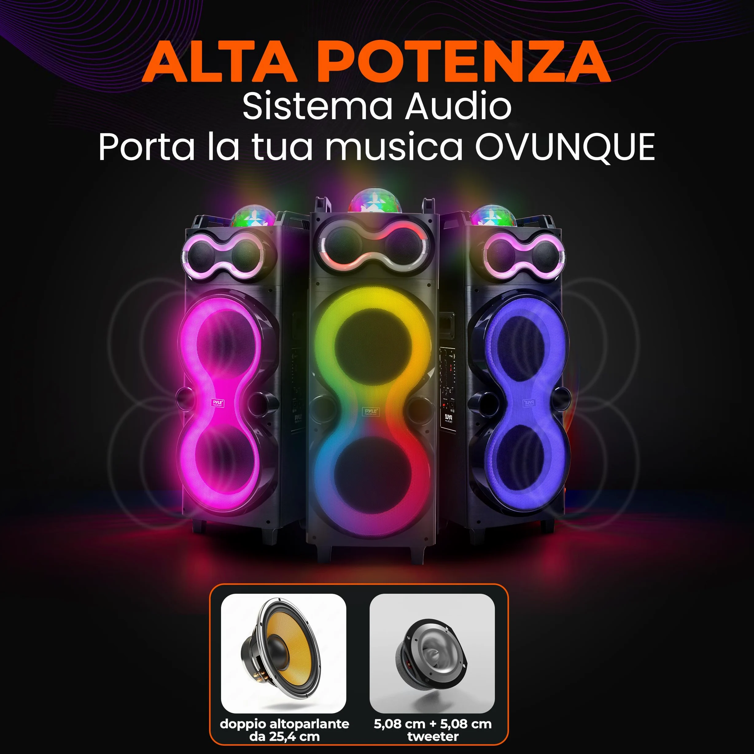 Pyle Cassa Bluetooth Potente 240 Watt, Speaker con Microfono Wireless, Altoparlante Bluetooth Portatile 25 cm, Karaoke, Batteria Ricaricabile, USB/SD/AUX/FM, LED, Esterno/Interno