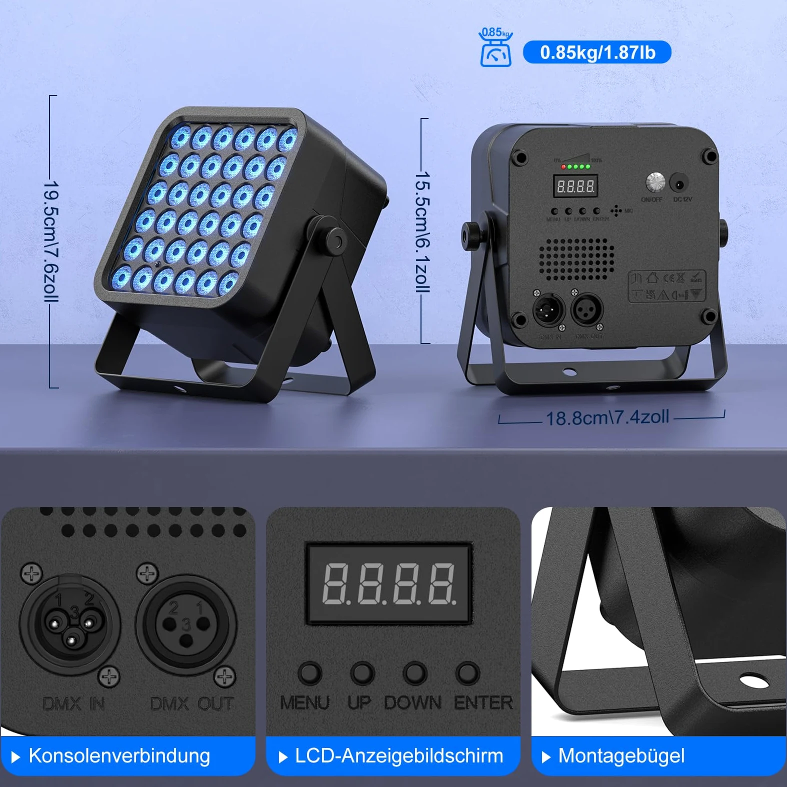 2PCS 54W Par LED Batteria RGBWA UV, 5200mAh Ricaricabile 36 LED Luci da Palco con Telecomando, Luci di Scena 4-6 Ore per Esterni Discoteca Matrimoni Bar Spettacolo Halloween Natale