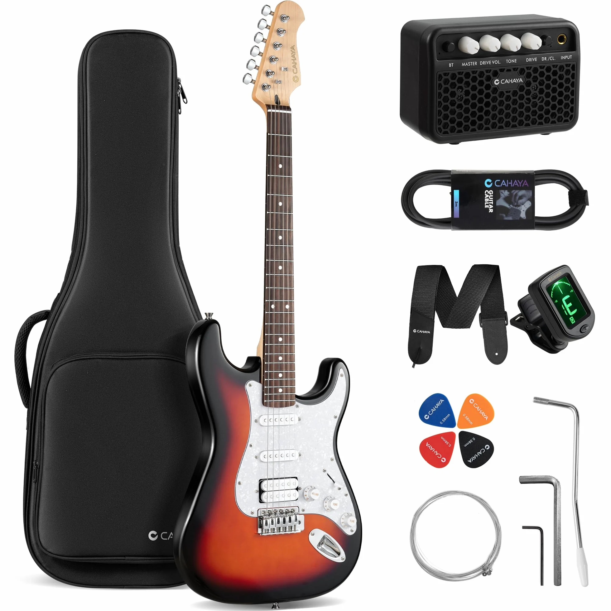 CAHAYA Set di Chitarra Elettrica e Amplificatore: chitarra Stratocaster da 39 pollici con 3 pickup (S-S-H), include custodia, accordatore, Whammy Bar e 4 plettri