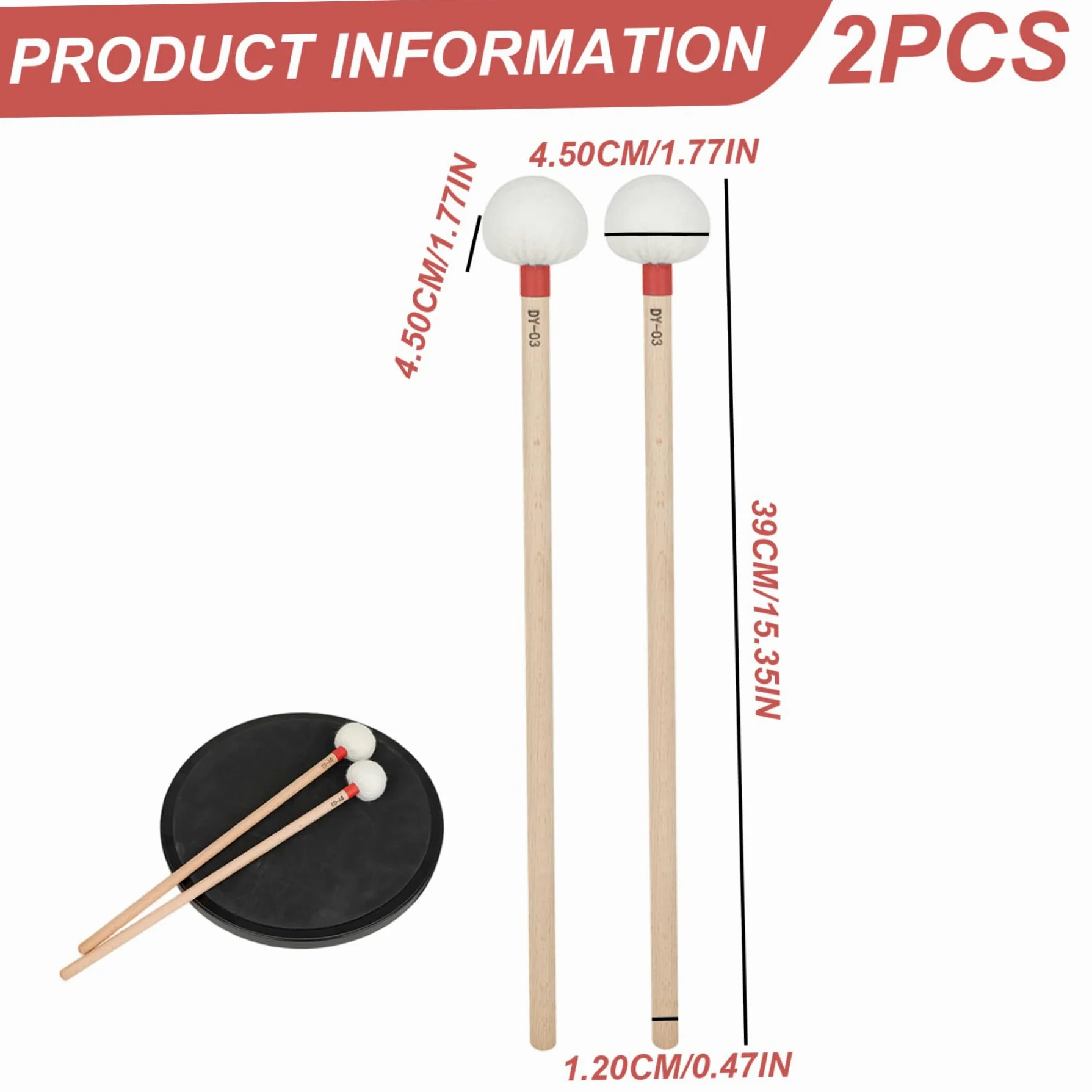 Mallet per Timpani, 2 Pezzi, Mallet per Batteria da 15 Pollici con Testa in Feltro e Manico Lungo, Strumento a percussione di Ricambio per Allenamento, per Performance, per percussi