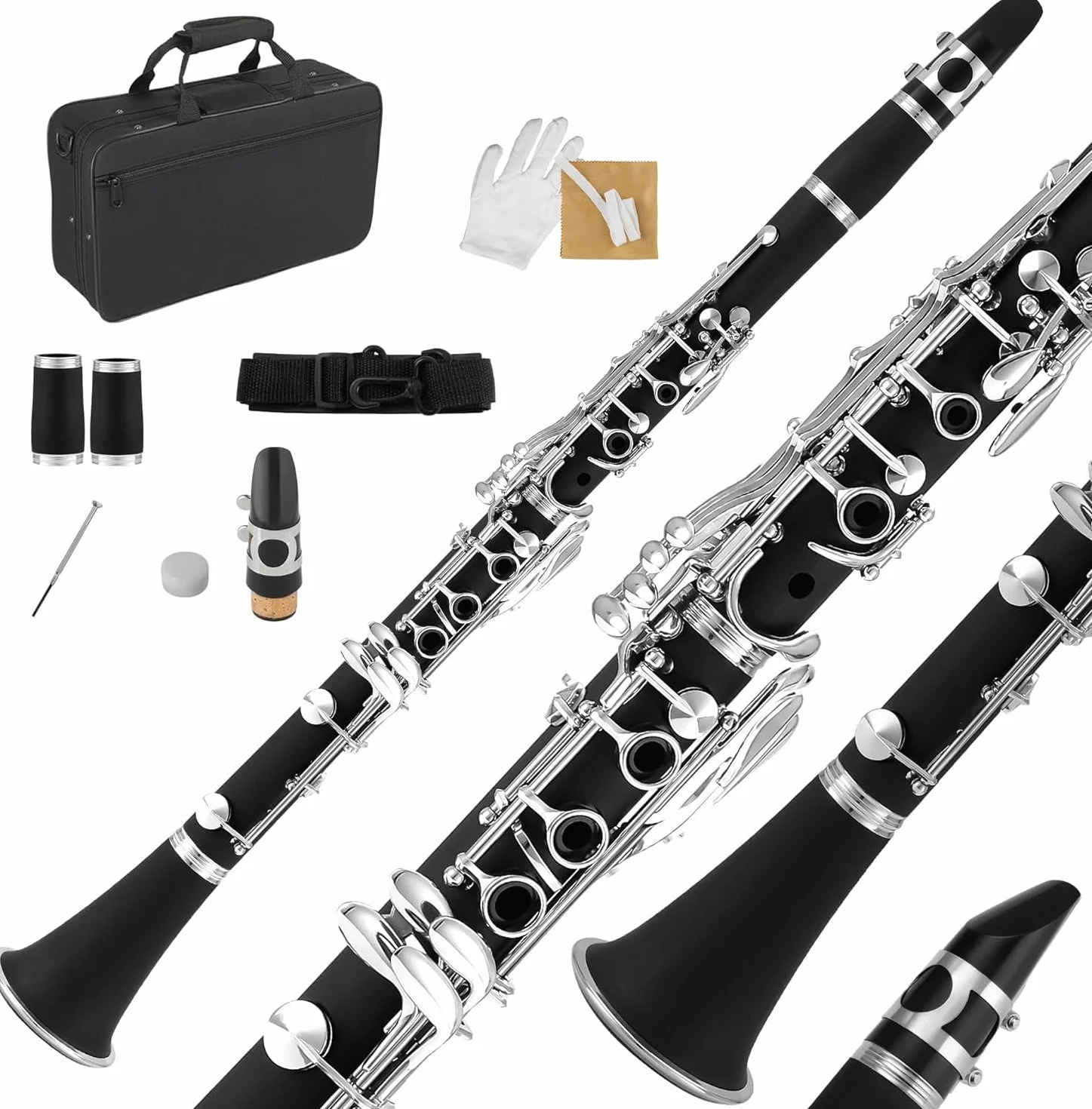 Clarinetto in Sib 17 Chiavi, B Flat Clarinetto per Principianti in Ebanite Nichelato, con Custodia Rigida Cleaning Kit, Strumenti a Fiato