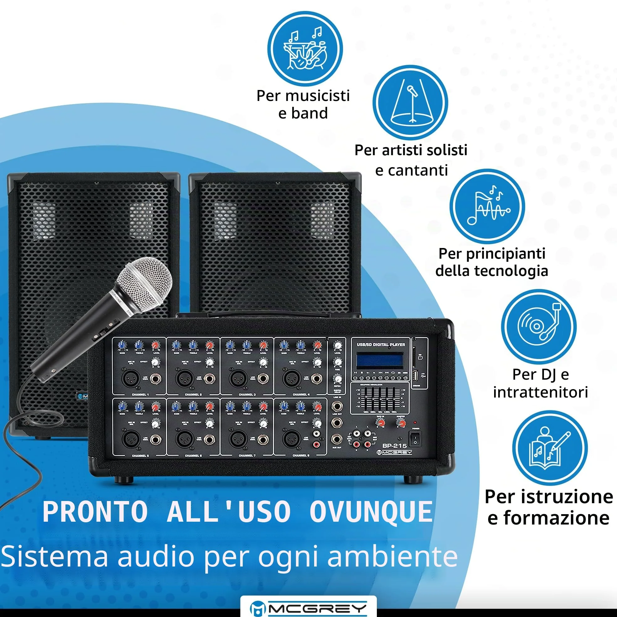 McGrey BP-215 Bandpack PA-System: mixer amplificatore 8 canali, riverbero digitale, Bluetooth, slot USB/SD, casse 2 vie 15" woofer, microfono, supporti, cavi, 150 Watt.