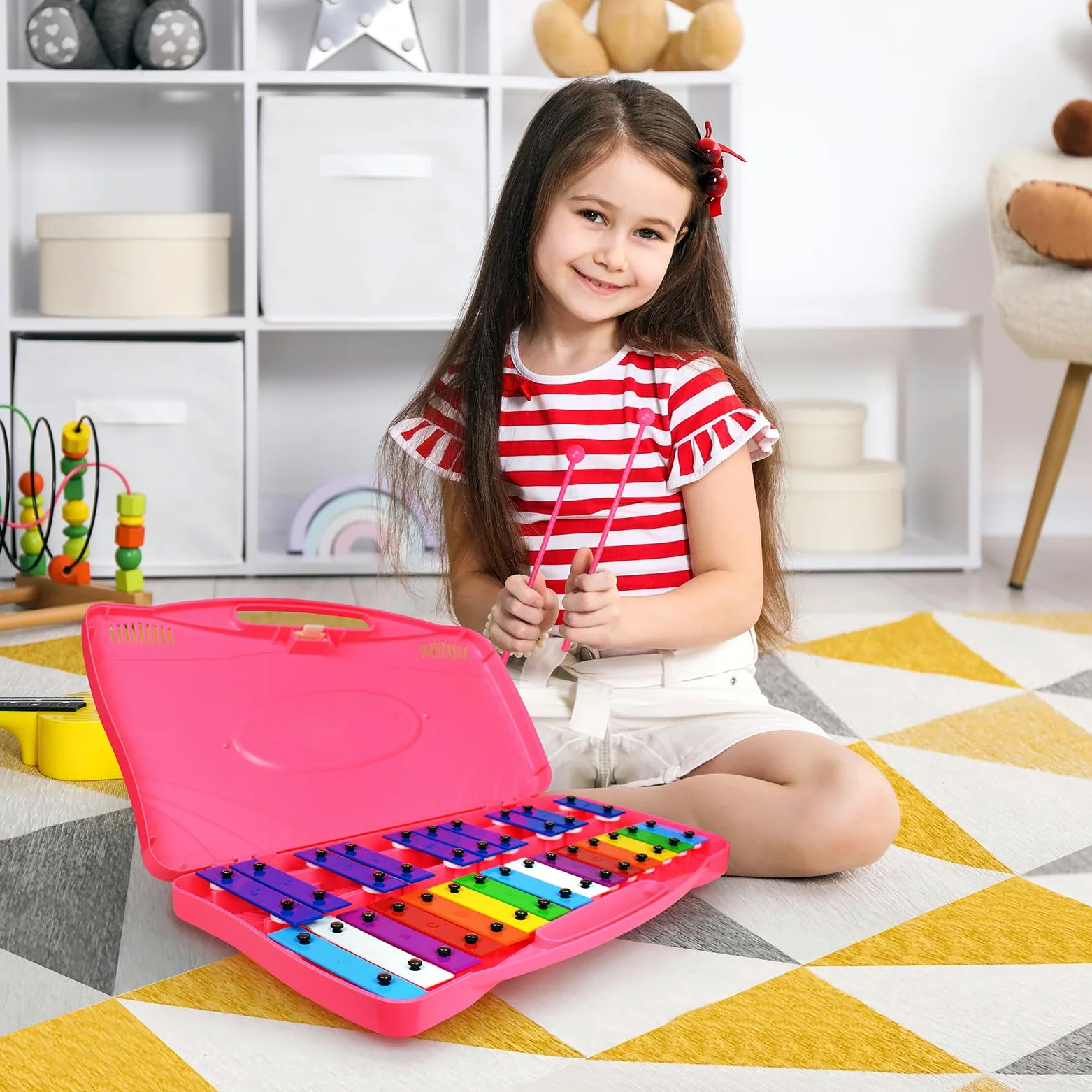 Glockenspiel - Xilofono con 25 note, tasti colorati in metallo con mazzuole, strumento musicale a percussione, insegnamento musicale educativo per principianti, rosa