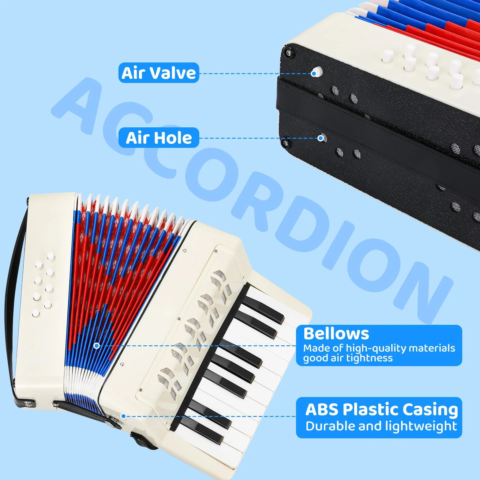Fisarmonica per Bambini,17 Tasti 8 Bassi,Organetto professionale cinghie regolabili,Fisarmonica a Bottonicon per adulti e bambini dai 3 anni,Concertina strument musicale regalo per principianti,bianco