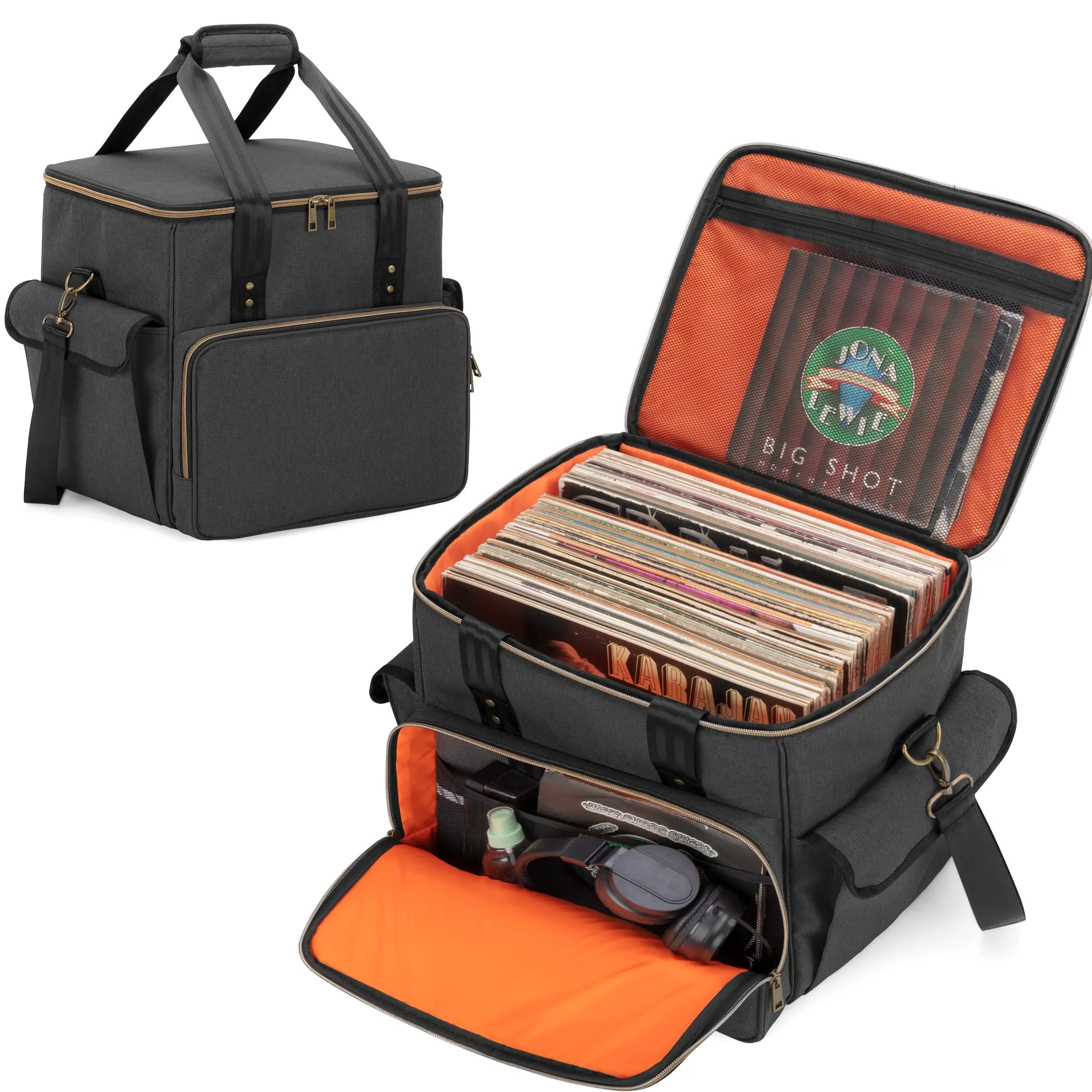 Trunab Borsa per Dischi Vinile in Nylon Impermeabile Leggera Robusta di Grande Capacità - Compatibile con 60 LP, Ideale per Trasportare Vinili con Tracolla e Maniglia