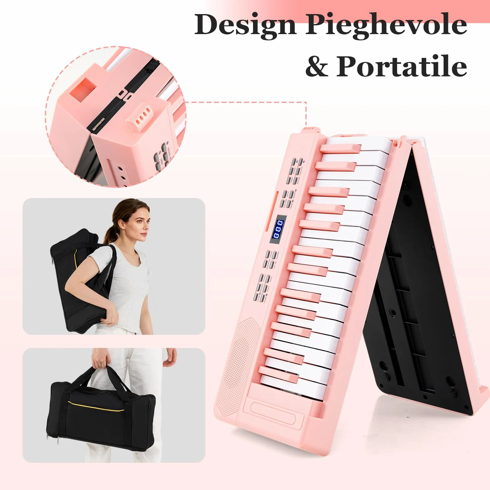 COSTWAY Tastiera Pianoforte Pieghevole a 61 Tasti, Tastiera Elettronica con Funzione MIDI, Cuffie, Pedale Sustain, Pianoforte Digitale Portatile per Principianti (Rosa)