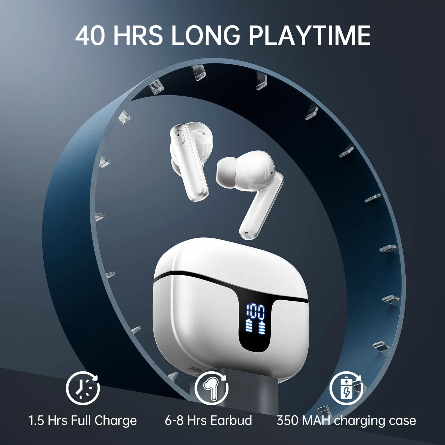 Cuffie Bluetooth, Auricolari Bluetooth 5.3 Stereo HiFi con 4 ENC HD Mic Cancellazione Rumore, Cuffie Wireless Bluetooth 40H LED Display Cuffiette in Ear IP7 Impermeabil, Cuffie Senza Fili USB-C Bianco