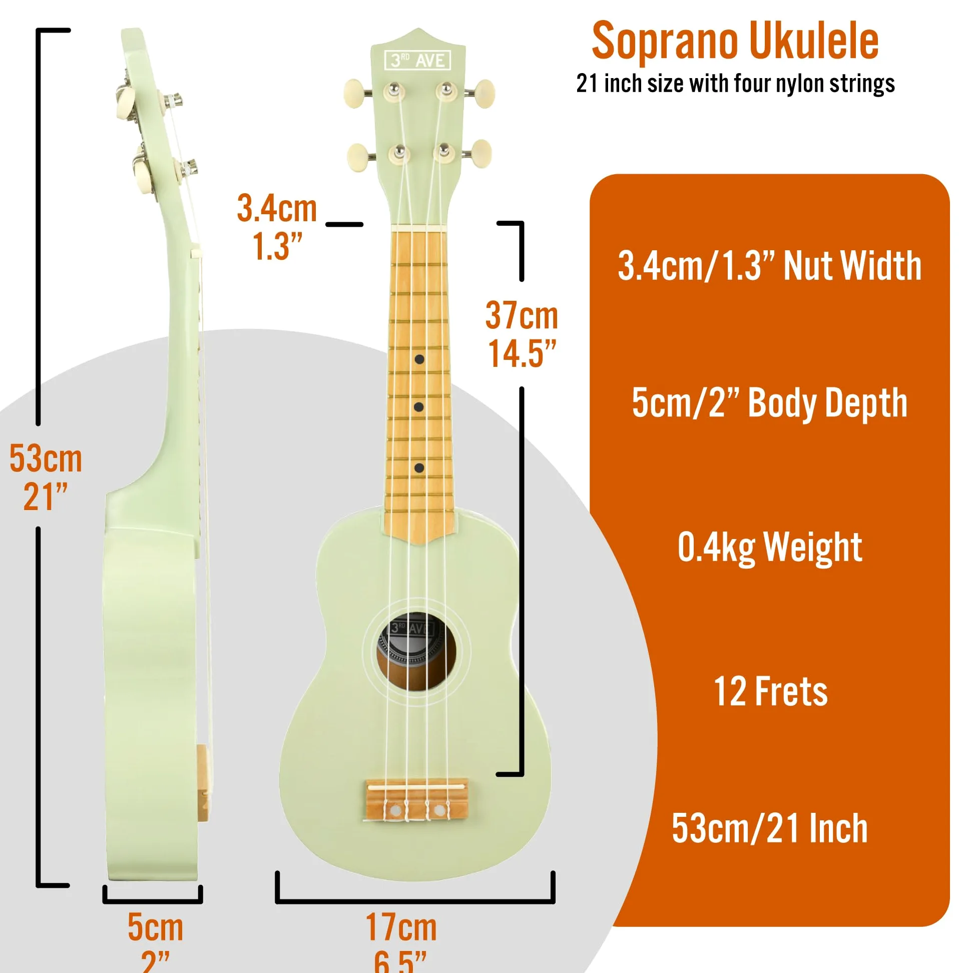 3rd Avenue Ukulele Soprano per Principianti 21 Pollici 4 Corde in Nylon con Borsa Uke Gratuita - Verde Pastello - Lezioni Online Gratuite per 1 Mese