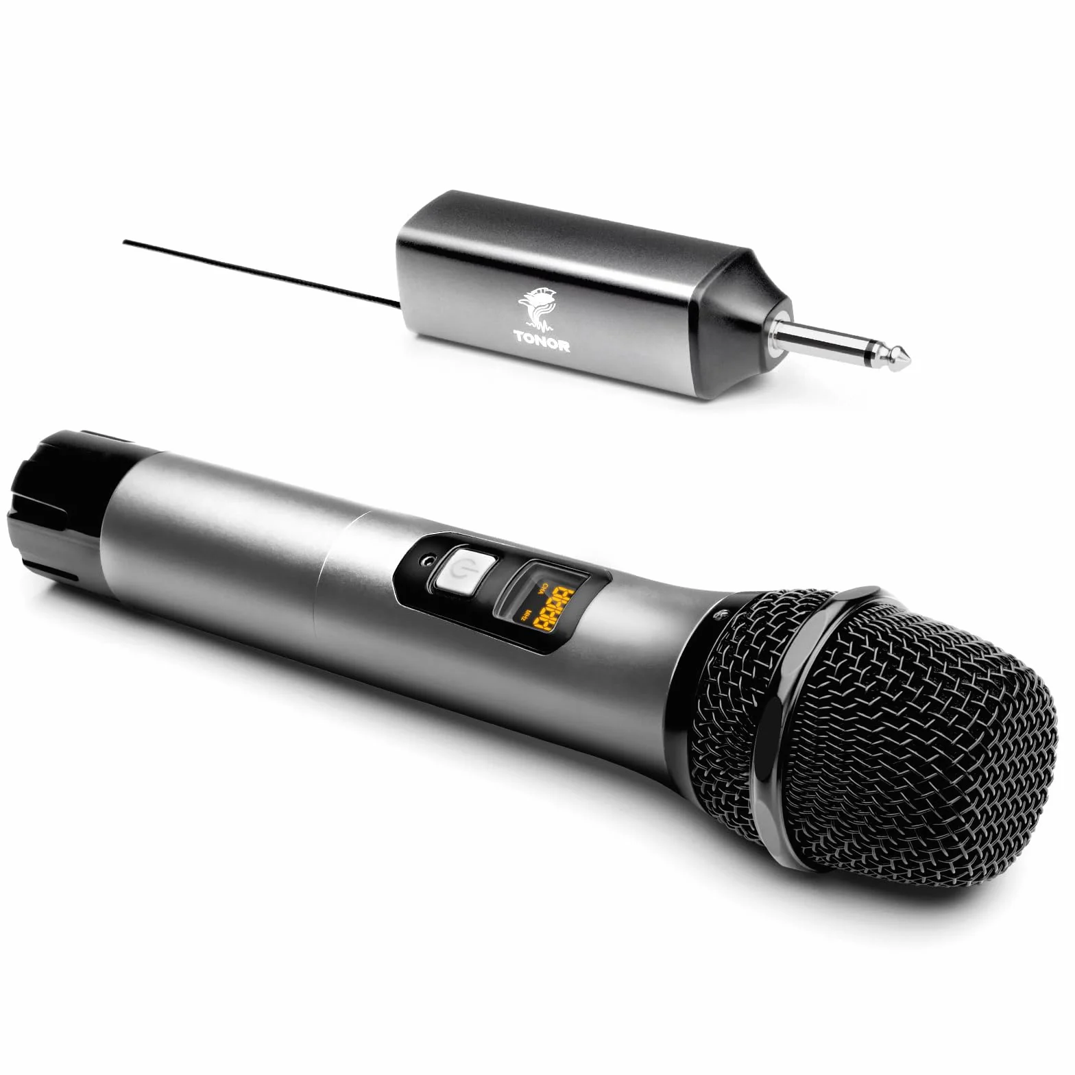 TONOR Microfono Senza Fili, UHF Sistema Wireless Microfonico Portatile in Metallo Cordless con Ricevitore Ricaricabile, Uscita 1/4" per Amplificatore, Macchina da Karaoke, 60m, Argento, TW620