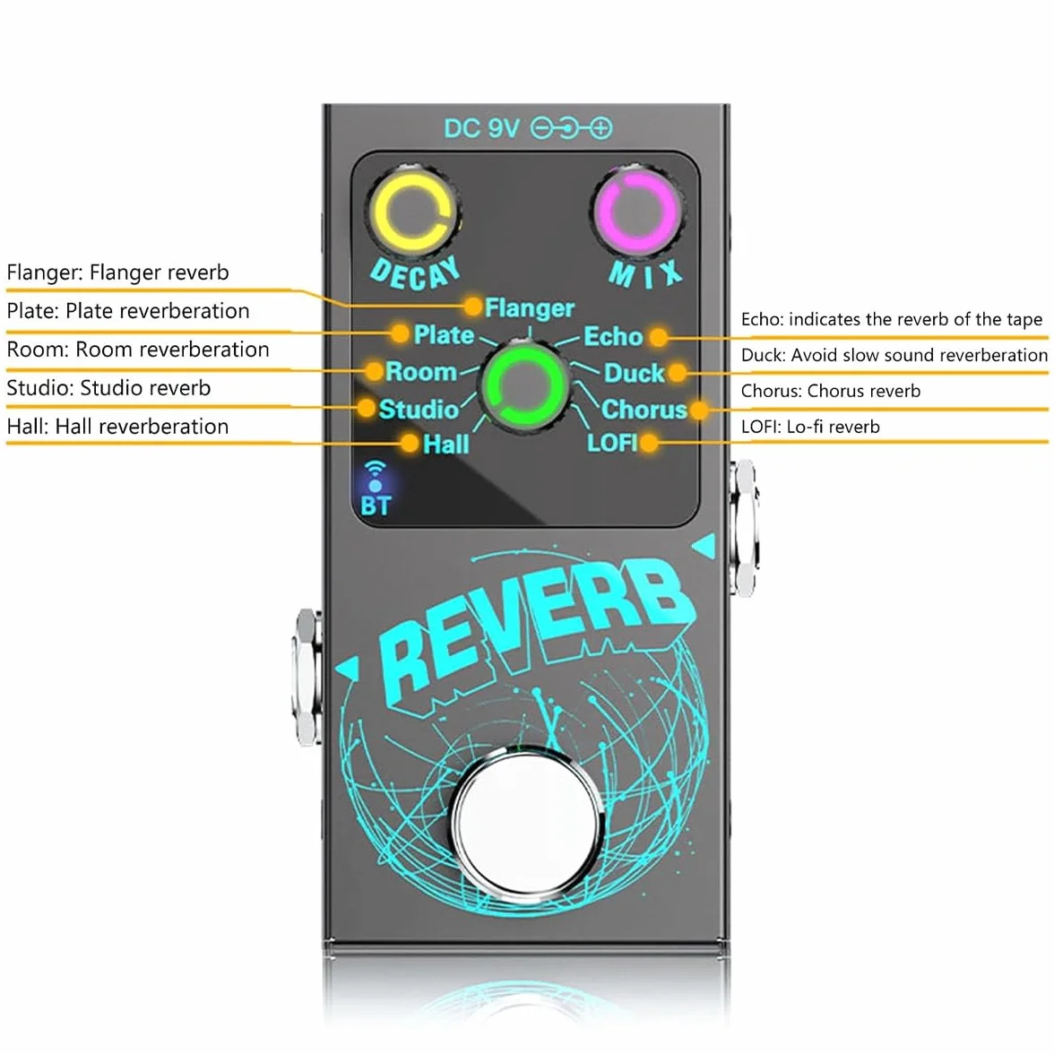 Effetto Riverbero Digitale per Chitarra 9 Toni di Riverbero Pedale per Effetti Chitarra Pedale per Effetti Chitarra Accompagnamento Decay/Mix Manopole di Controllo Luminose
