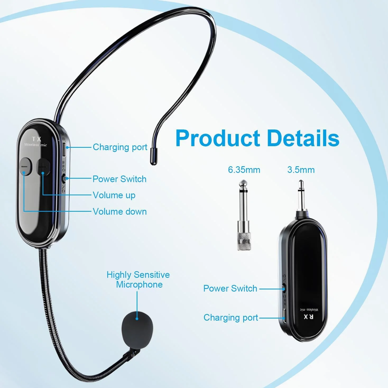 Microfono Wireless ad Archetto Wireless Auricolare/a Mano 2 in 1, UHF Wireless Microfono Ricaricabile Spina Jack da 6,35mm e 3,5mm per Amplificatore Vocale, Fitness, Insegnamento, Tour, Sistema PA