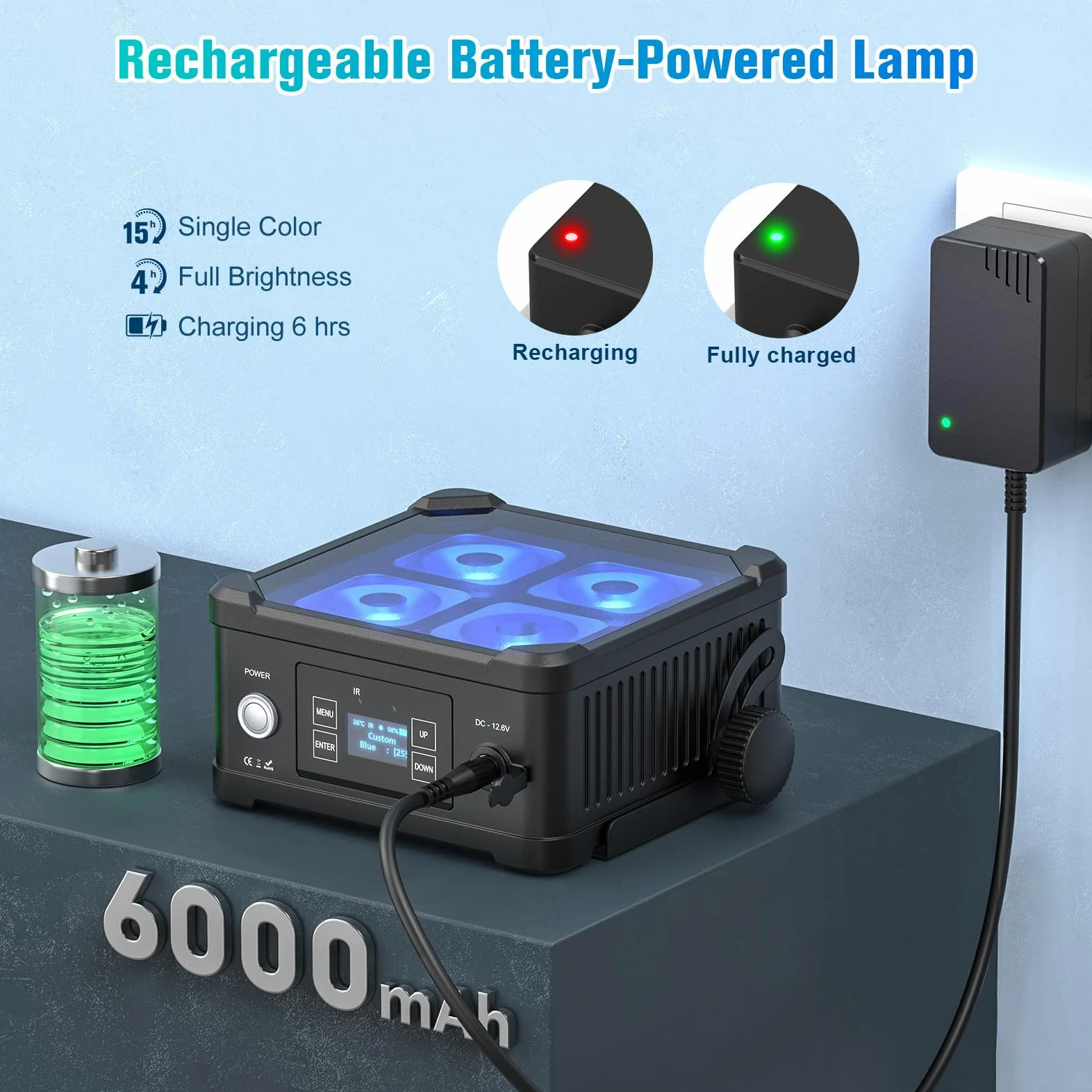 LED Par impermeabile Akku, 40 W RGBWA+UV luce da palcoscenico senza fili ricaricabile con controllo remoto/App/DMX512 per esterni, uplight per matrimoni, concerti, decorazione della casa