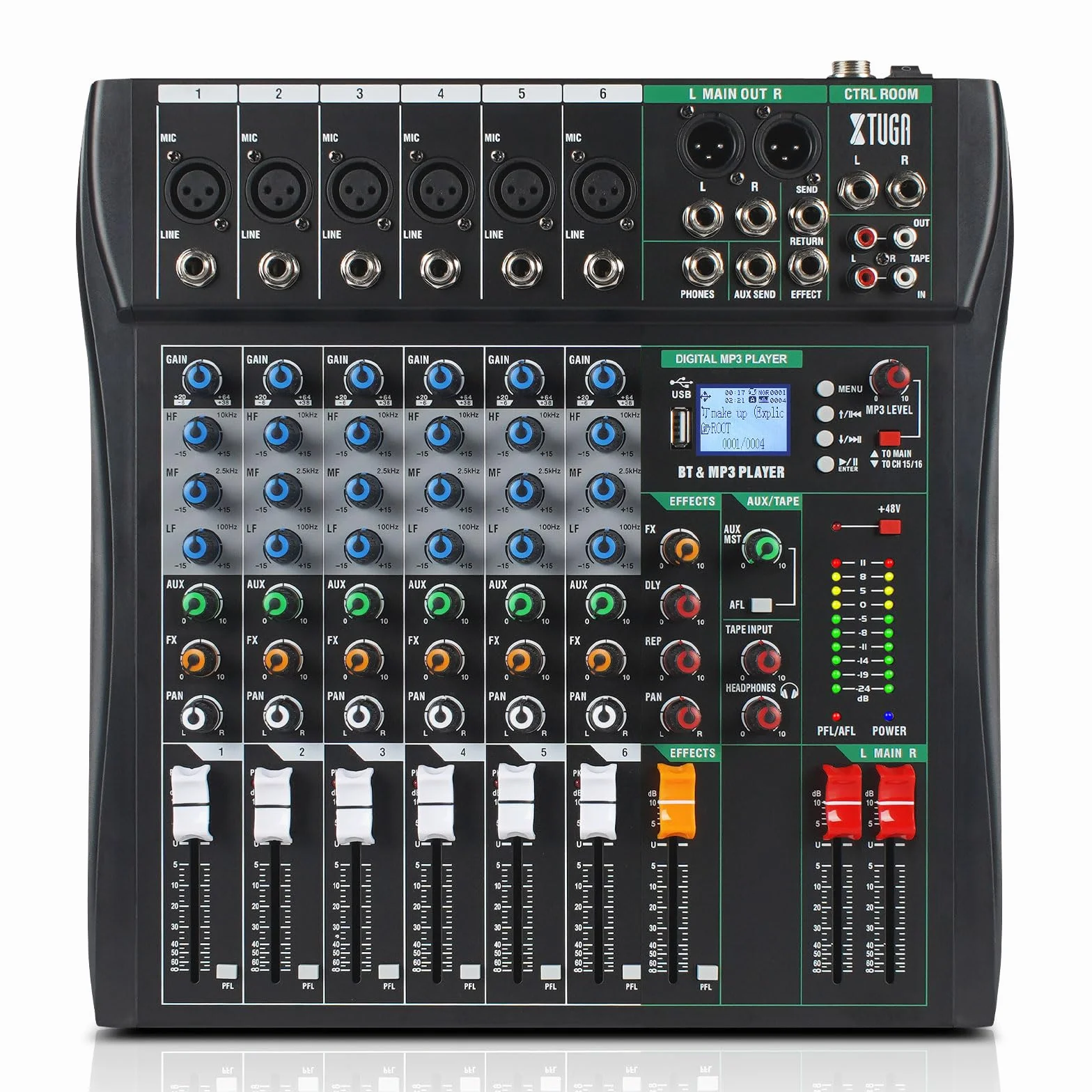 XTUGA Mixer audio a 6 canali per la registrazione del computer di controllo del suono, mixer audio effetto digitale integrato con alimentazione phantom da 48 V, CT60