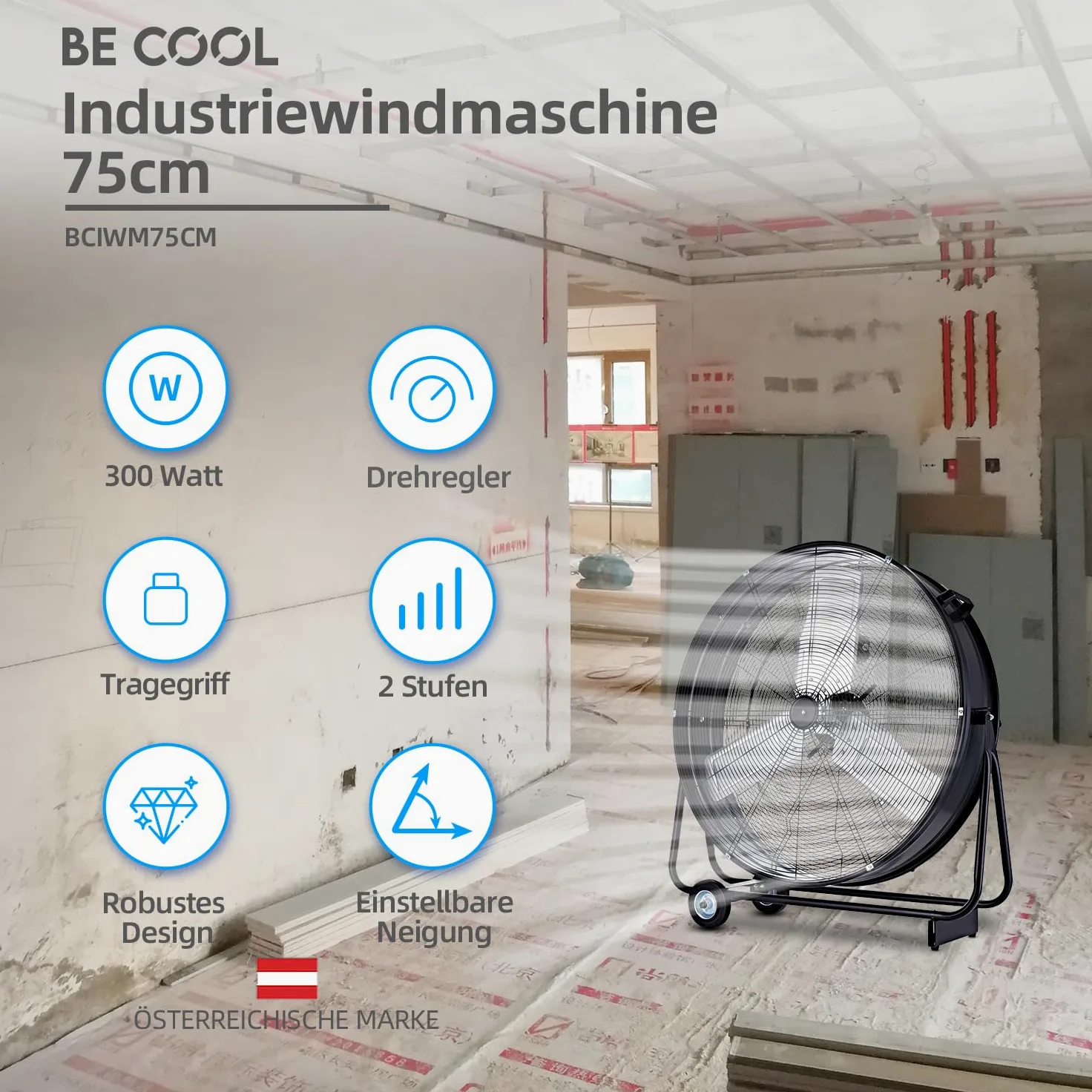 Be Cool Macchina eolica industriale 75 cm BCIWM75 cm – Ventilatore a tamburo guidabile, Ø 75 cm (30"), 300 Watt, motore in rame, 2 velocità, pale rotore in alluminio, griglia di protezione per
