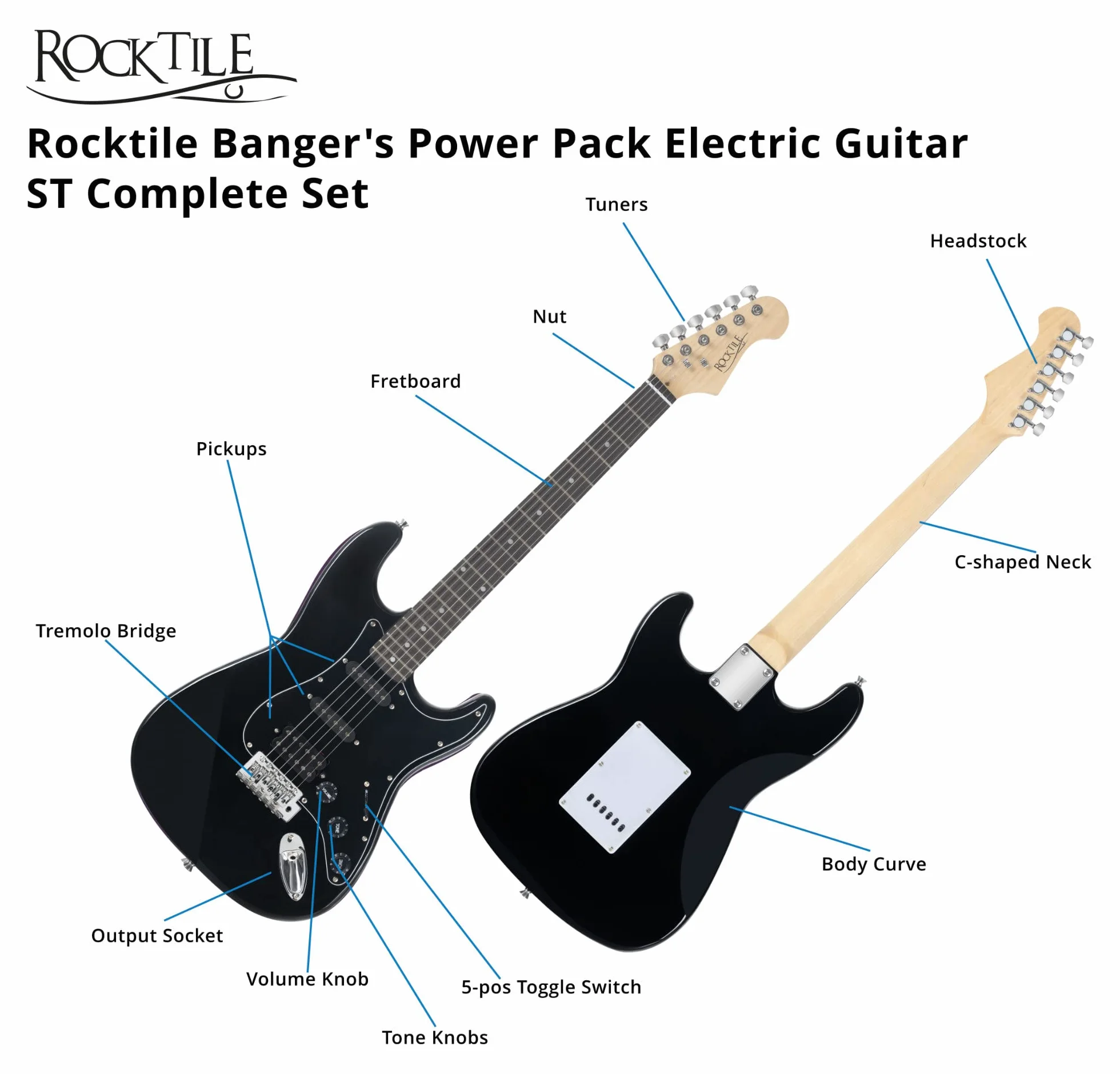 Rocktile Banger's Power Pack Set Completo Chitarra Elettrica con Single Coil e Humbucker Pickups Nero (Amplificatore, Borsa, Cavo, Tracolla, Plettro, Tremolo, Corde di Ricambio e Scuola con CD/DVD)