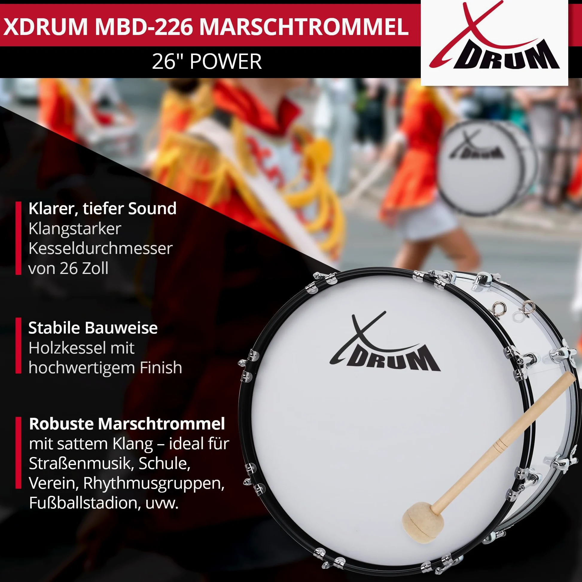 XDrum MBD-226 grancassa da marcia 26"x12" - 10,5 kg, 4 asole di trasporto, 8 viti di tensione per lato, incl. mazzuoli, cinghie e chiave di accordatura, bianco
