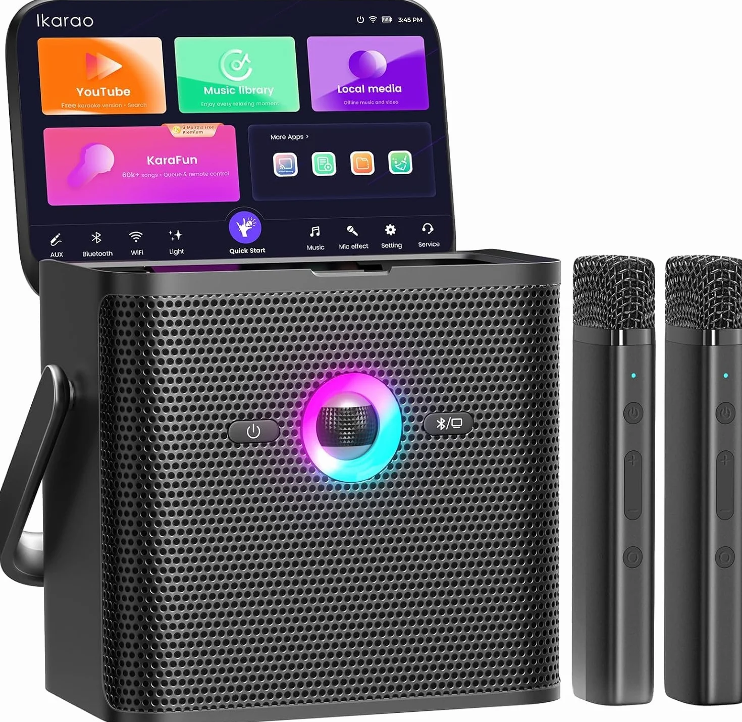 Ikarao Macchina per karaoke per adulti, con schermo di visualizzazione dei testi, tablet per karaoke da 32 GB, 2 microfoni wireless, altoparlante per karaoke con equalizzatore automatico, connessione