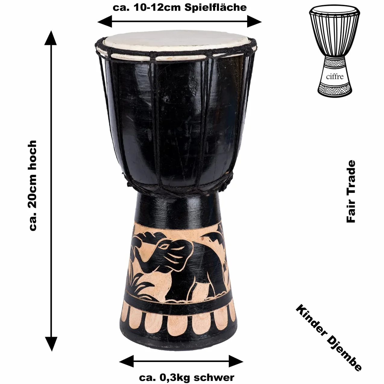 Djembe 20 cm per bambini – Tamburo africano intagliato in legno con pelle naturale – Strumento a percussione educativo – Modello Elefante nero A1