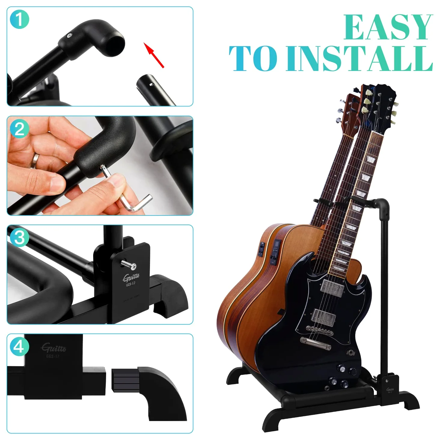 GUITTO GGS12 - Supporto per chitarra, pieghevole, universale, portatile, per palcoscenico, basso, chitarra acustica, 3 supporti GGS-12