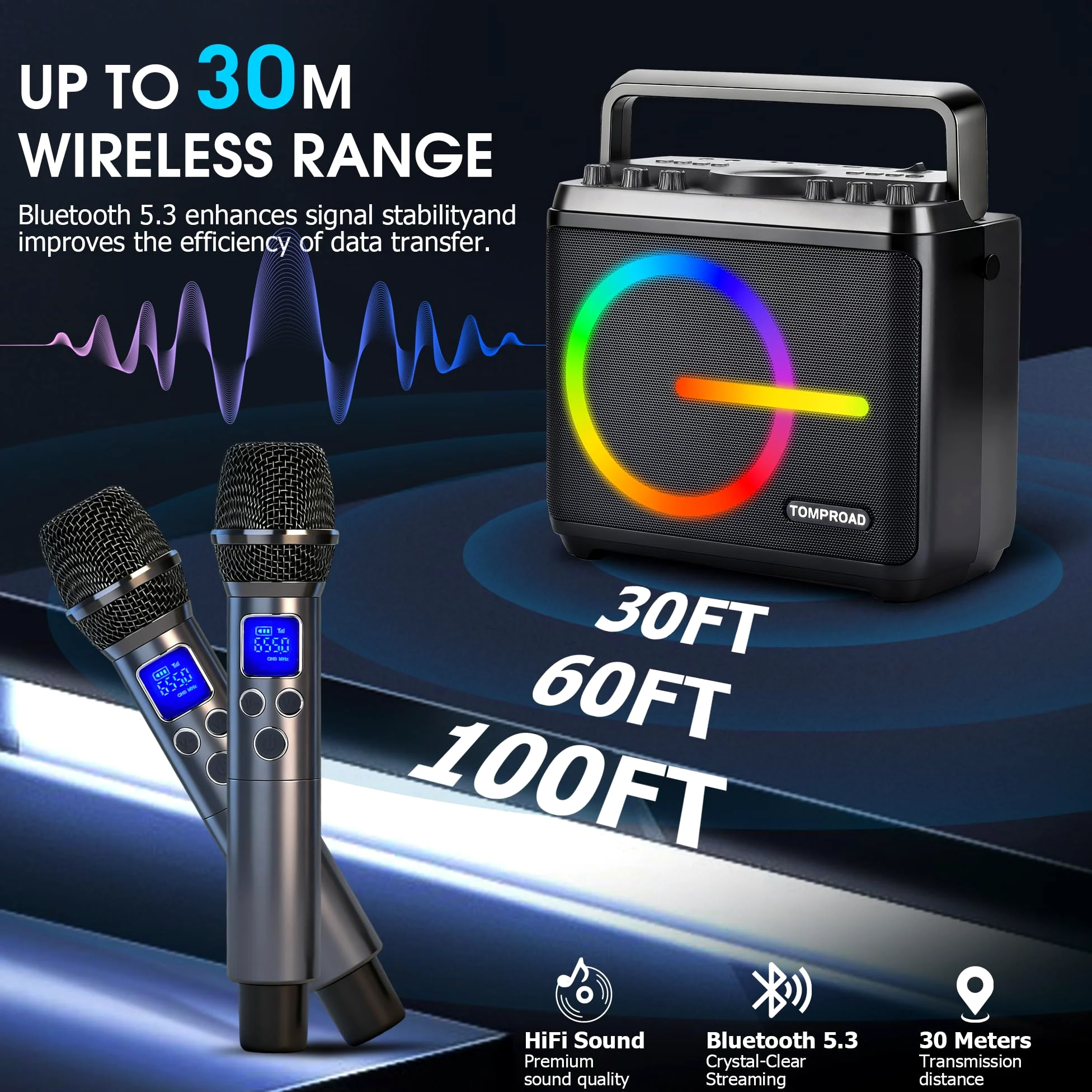 Macchina per karaoke, altoparlante Bluetooth con 2 microfoni wireless, sistema PA portatile per adulti e bambini con luci LED, regolazione dei bassi/acuti, scheda TF/USB, REC per feste a casa(nero)
