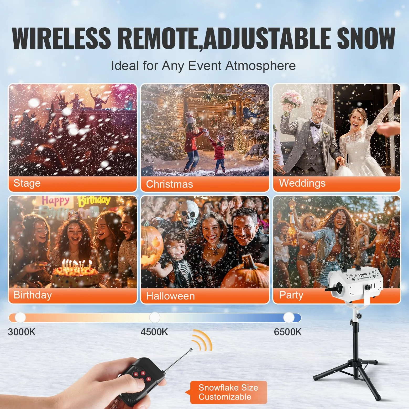 VEVOR Macchina per Neve 1200 W, Macchina per Produrre Neve con Supporto Regolabile, Macchina per Fiocchi di Neve con Telecomando Wireless, Macchina per Neve Finta per Feste di Natale Matrimoni