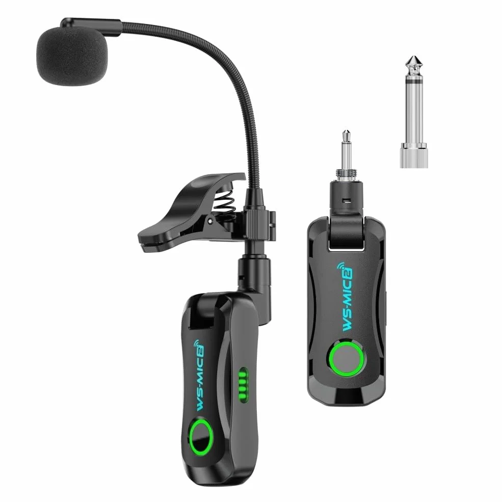 Microfono digitale wireless per sassofono: trasmissione 2,4 GHz, portata 40 m, latenza 12 ms, audio 48 K/16 bit, 98 dB SNR, compatibile con sax e tromba
