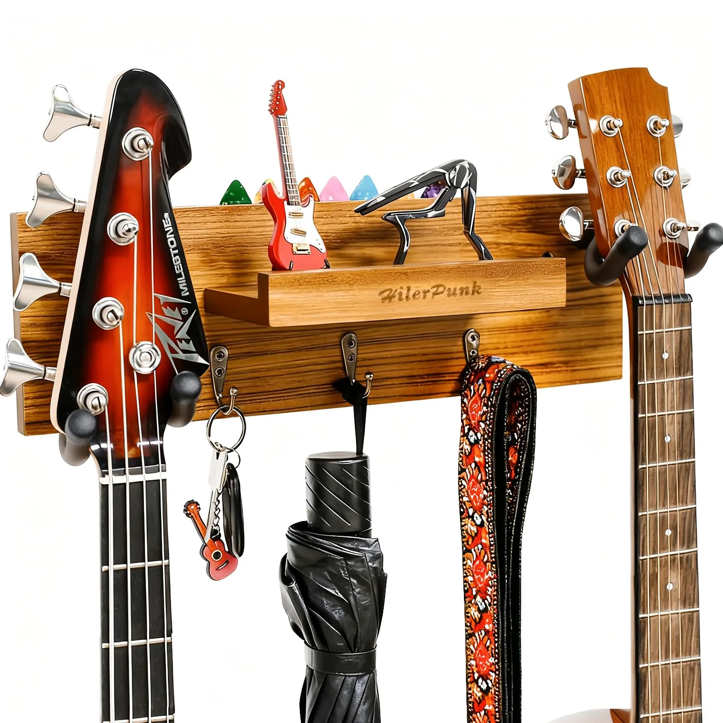 Supporto da parete per chitarra, gancio da parete per chitarra in legno massiccio con 3 ganci e 2 ganci girevoli in gomma per chitarra, espositore per chitarra con ripiano e porta plettri per chitarra