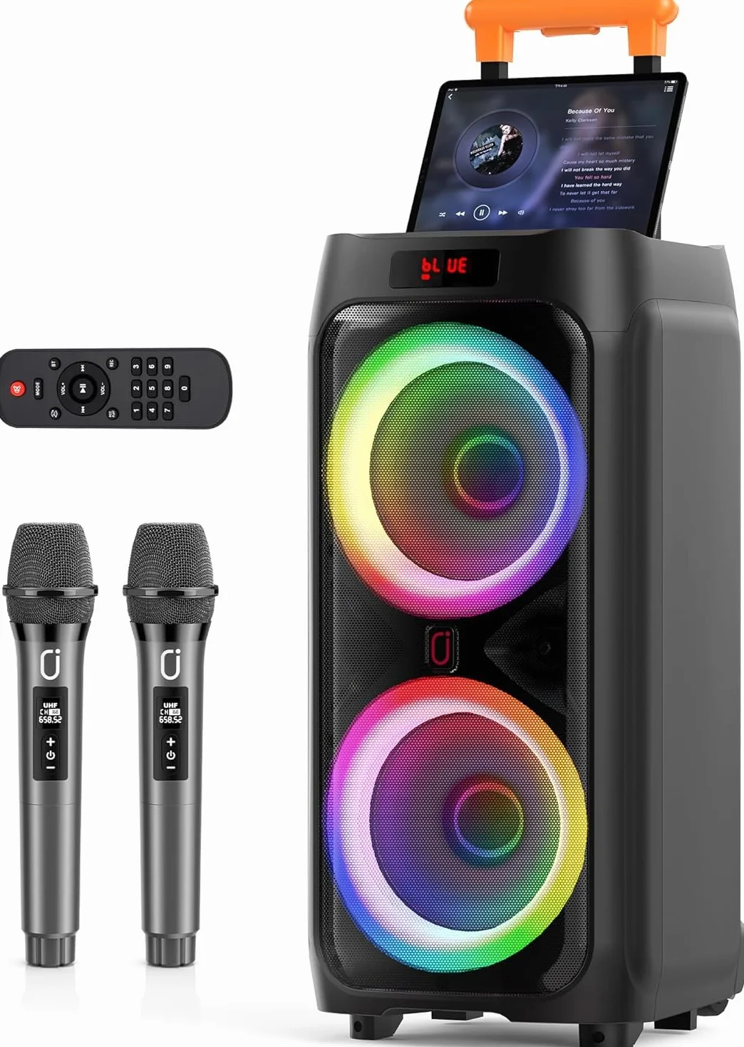 HWWR Karaoke con 2 Microfoni Wireless per Adulti, Altoparlante Bluetooth da 8" con potenza di picco di 500W, Sistema PA con Luce Discoteca LED, Ruote Rotanti e Carrello, Perfetto per Casa all'Aperto