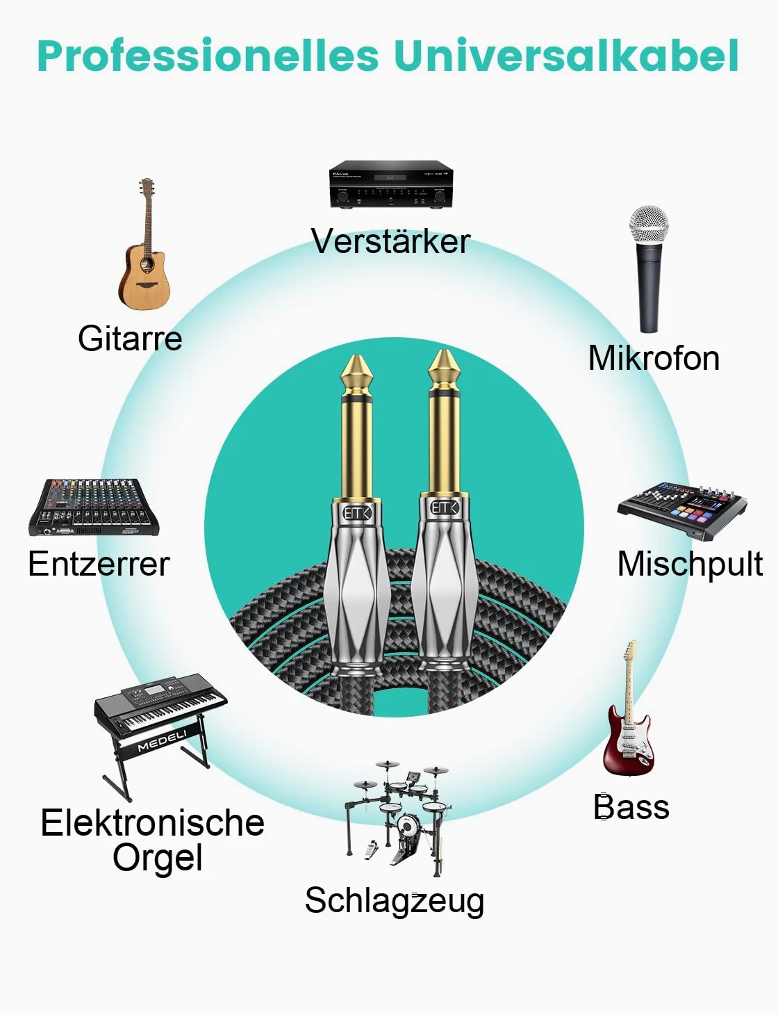 EMK Cavo Chitarra Cavo Strumento Cavo Jack 6,35 Cavo Chitarra per Chitarra Elettrica, Basso, Tastiera, Mandolino Elettrico, Pro Audio (3Metri)