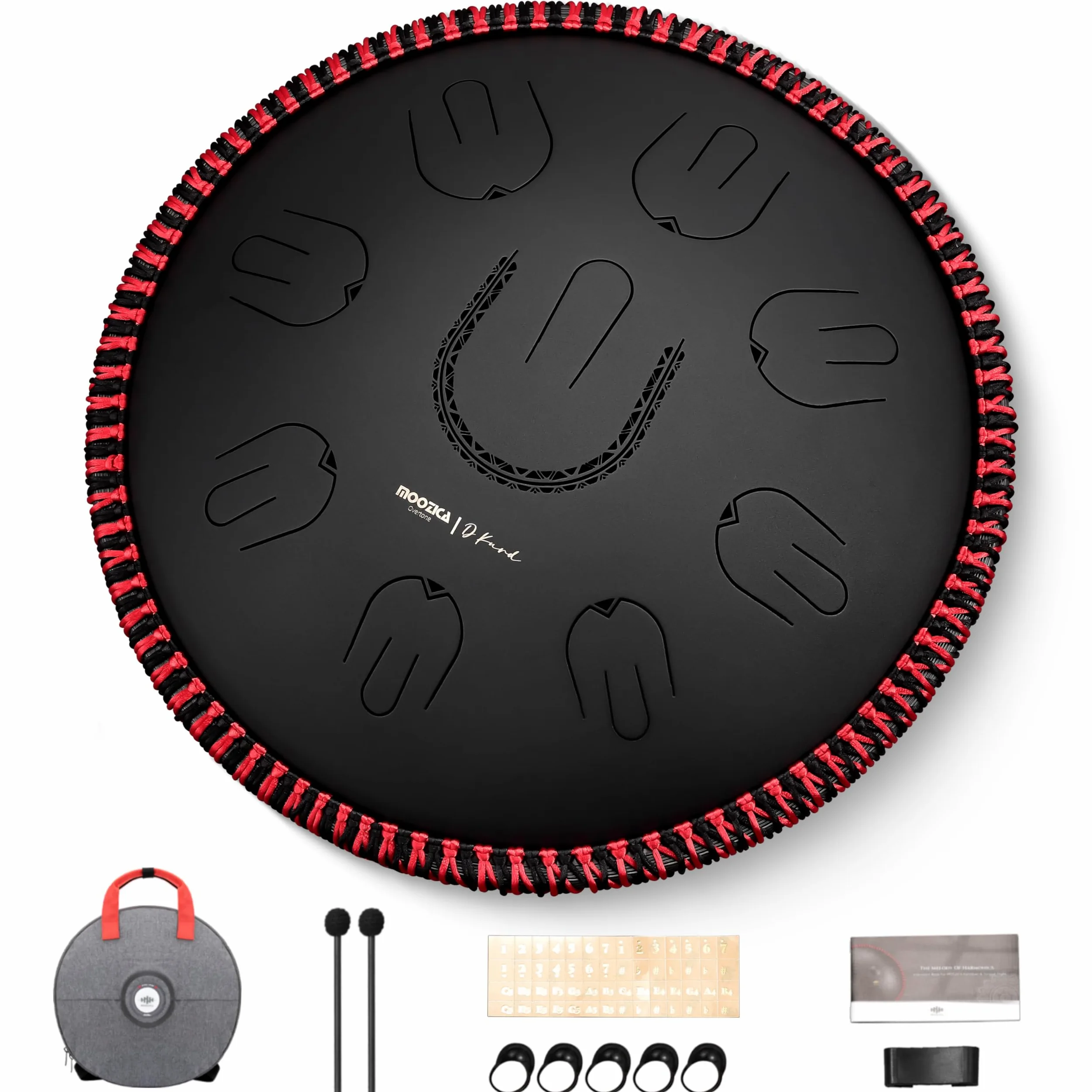 MOOZICA Steel Handpan Tongue Drum, Tamburo Tongue Portatile da 14" in Scala D-Kurd con Design Ottava Overtone, Tamburo Handpan per Principianti e Professionisti (D-Kurd, Nero)