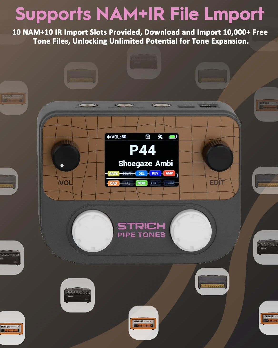 STRICH Pipe Tones Pocket Multi-Effects Processor per chitarra e basso con pedale 10 moduli effetto 125 effetti Looper 40s 100 pattern di batteria Interfaccia audio USB Controllo wireless(Grigio scuro)
