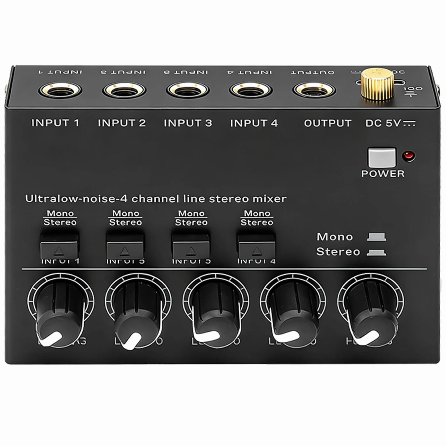 Mixer Audio a 4 Canali, Mini Mixer Stereo Attivo, Consolle di Mixaggio Audio con Basso Rumore, Regolazione del Volume Indipendente, Consolle di Mixaggio Compatta per Microfoni, Chitarre, Bassi