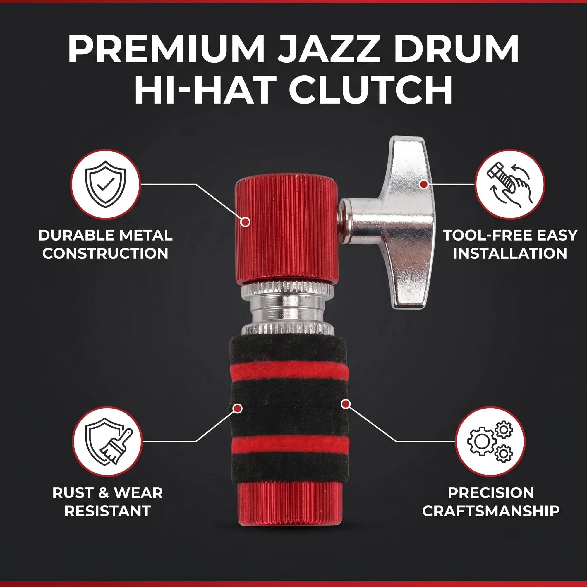 Frizione per Charleston, Frizione per Tamburo Jazz Resistente All'usura Supporto per Charleston in Metallo Supporto per Piatti Standard per Batteria Jazz Accessori per Parti di Batteria(Rosso