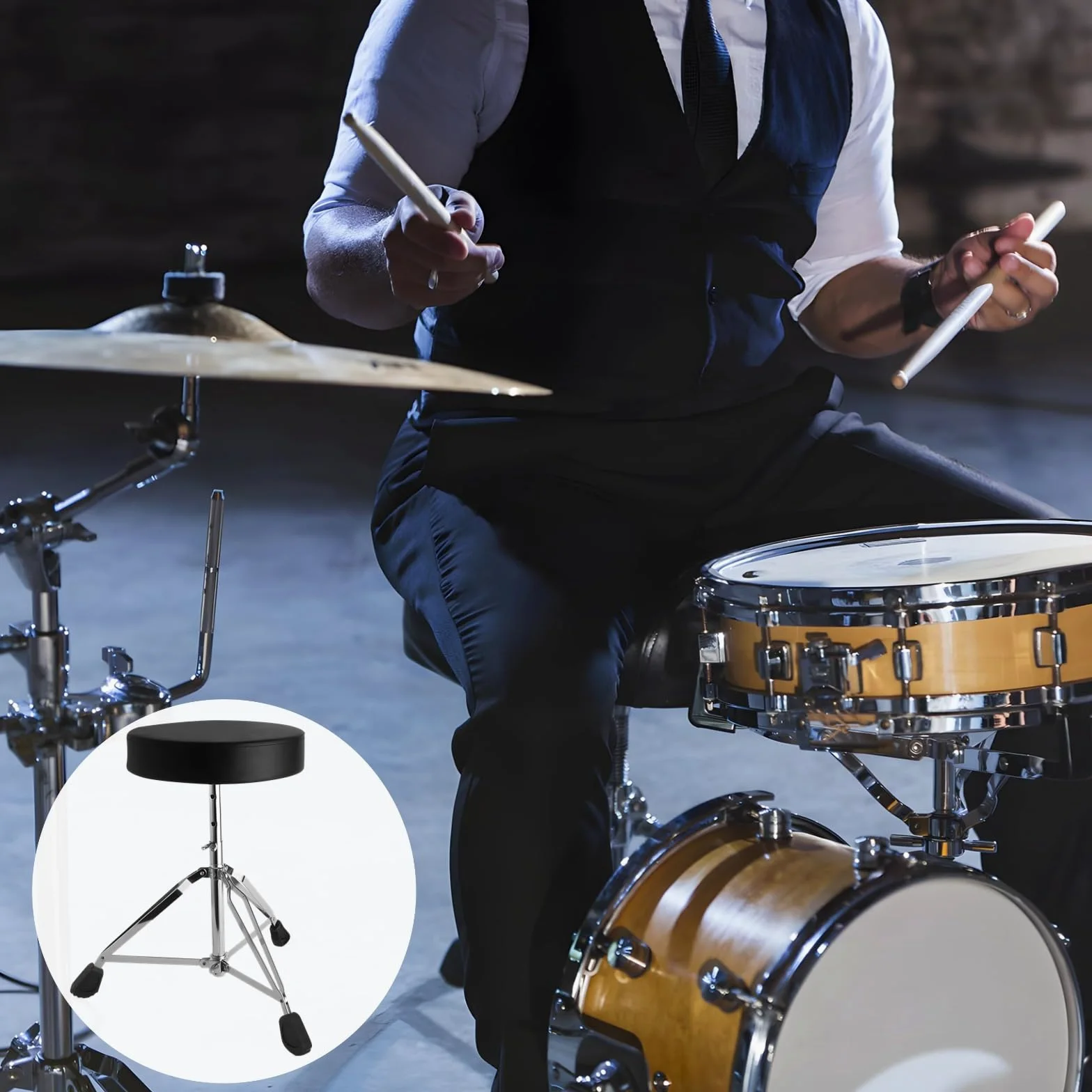 Drum Throne con altezza regolabile (42,4-55,1 cm), robusto sgabello imbottito con base in acciaio a 3 gambe, design pieghevole e piedini antiscivolo per batteristi e musicisti