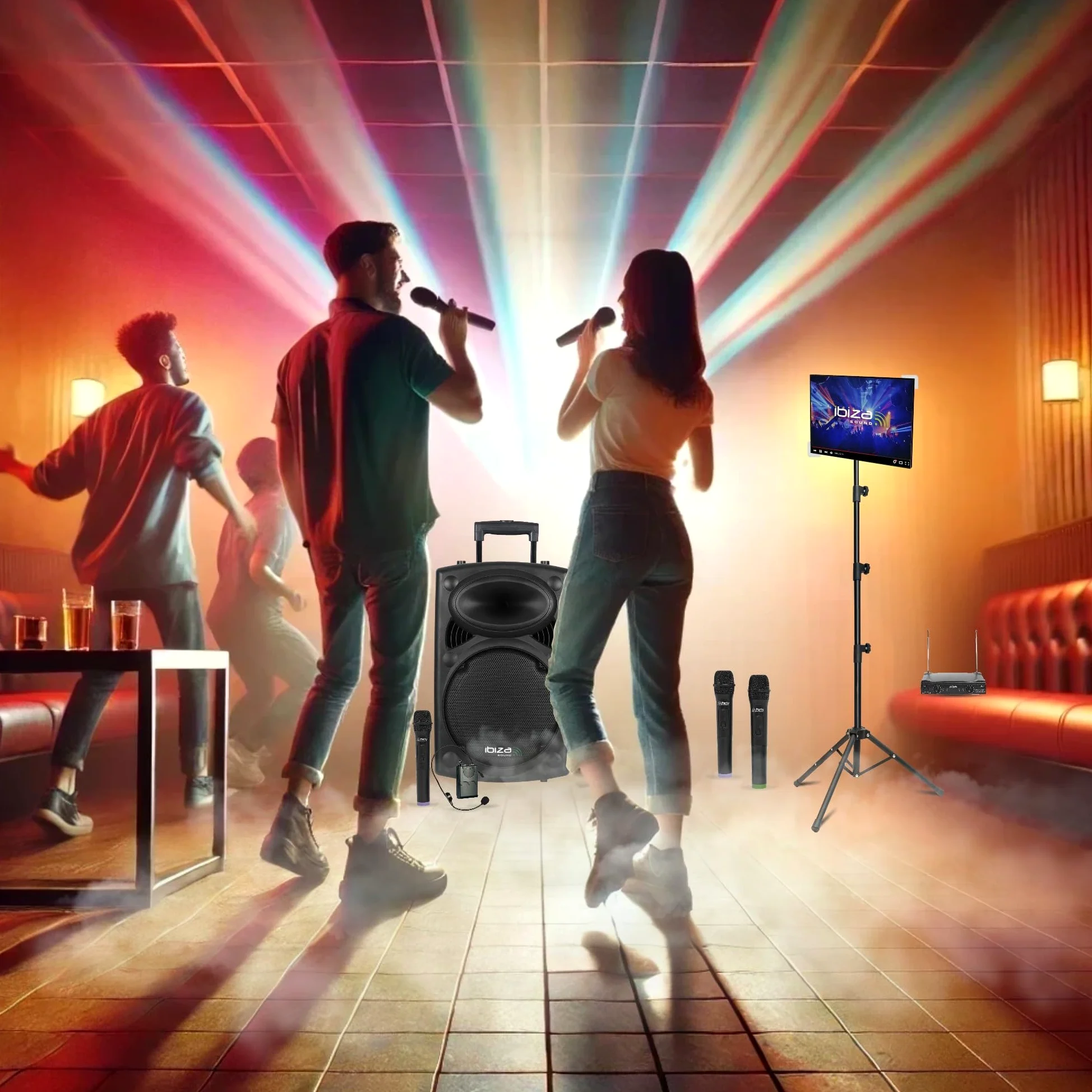 Ibiza - Pacchetto Karaoke Altoparlante portatile USB Bluetooth Ibiza PORT12VHF-BT 700W 4 microfoni senza fili - Supporto tablet SMM20 - Serata Sono