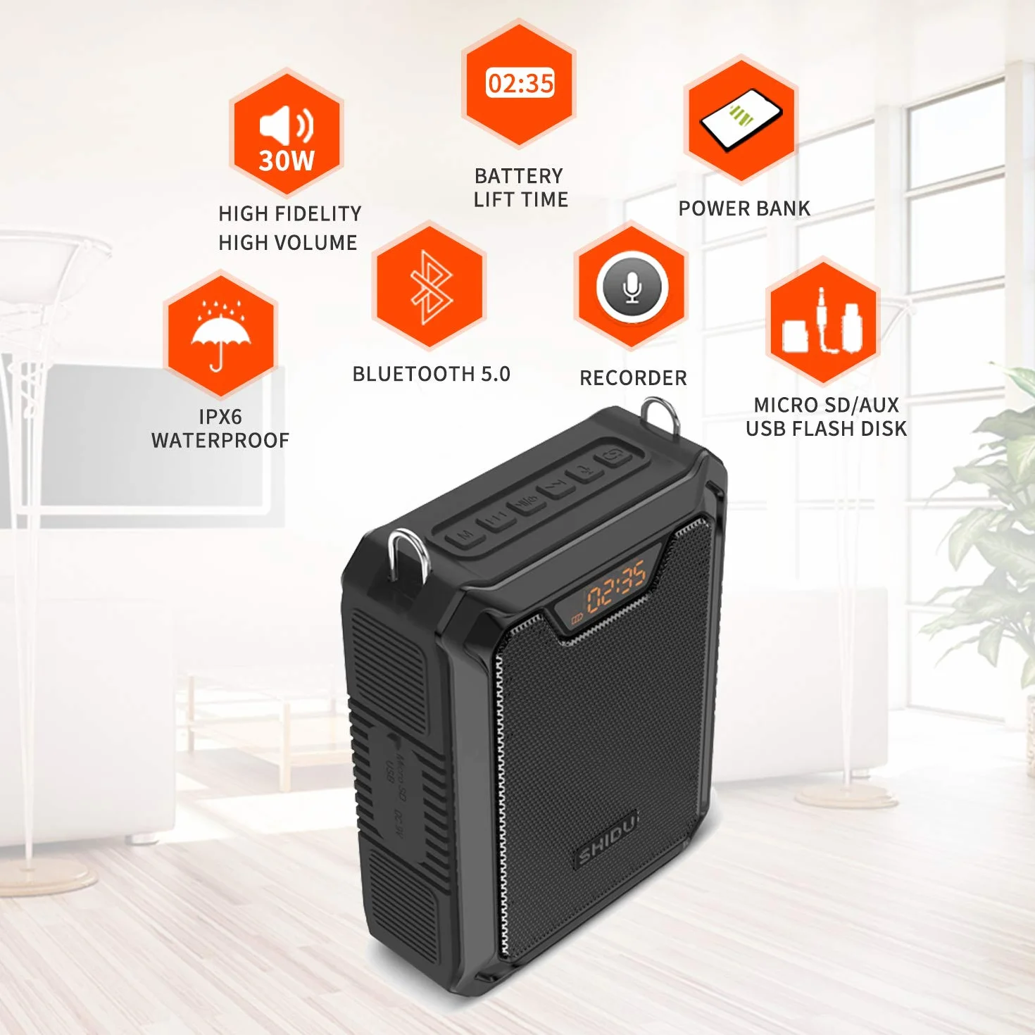 Amplificatore vocale, SHIDU 30W Altoparlante Bluetooth portatile con microfono wireless UHF e microfono cablato Sistema PA ricaricabile impermeabile IPX6 per insegnanti, guida turistica, esterno