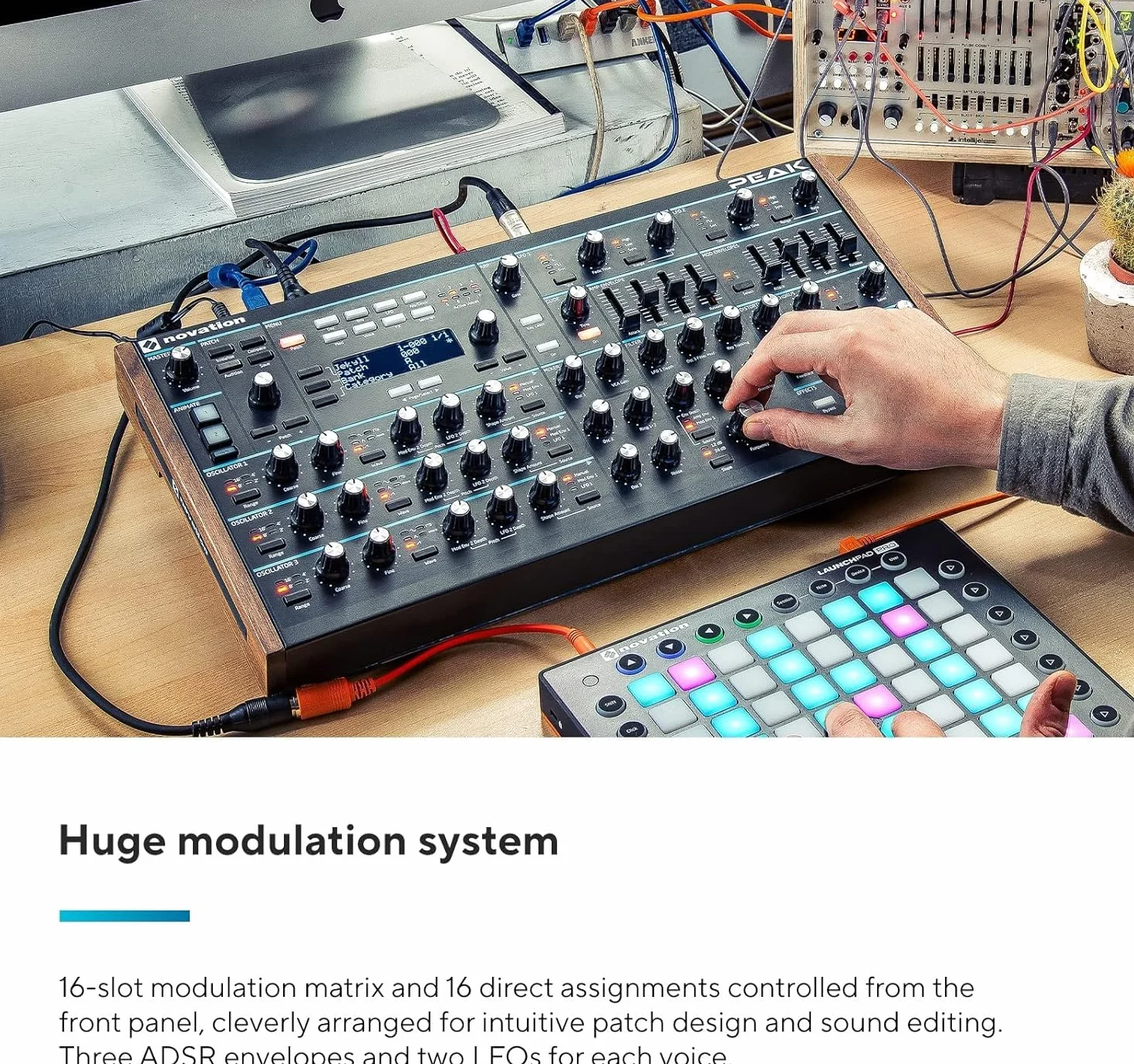 Peak di Novation, sintetizzatore polifonico senza tastiera ad otto voci con due LFO per voce, matrice di modulazione a 16 posizioni, tre punti di distorsione analogica ed effetti digitali.
