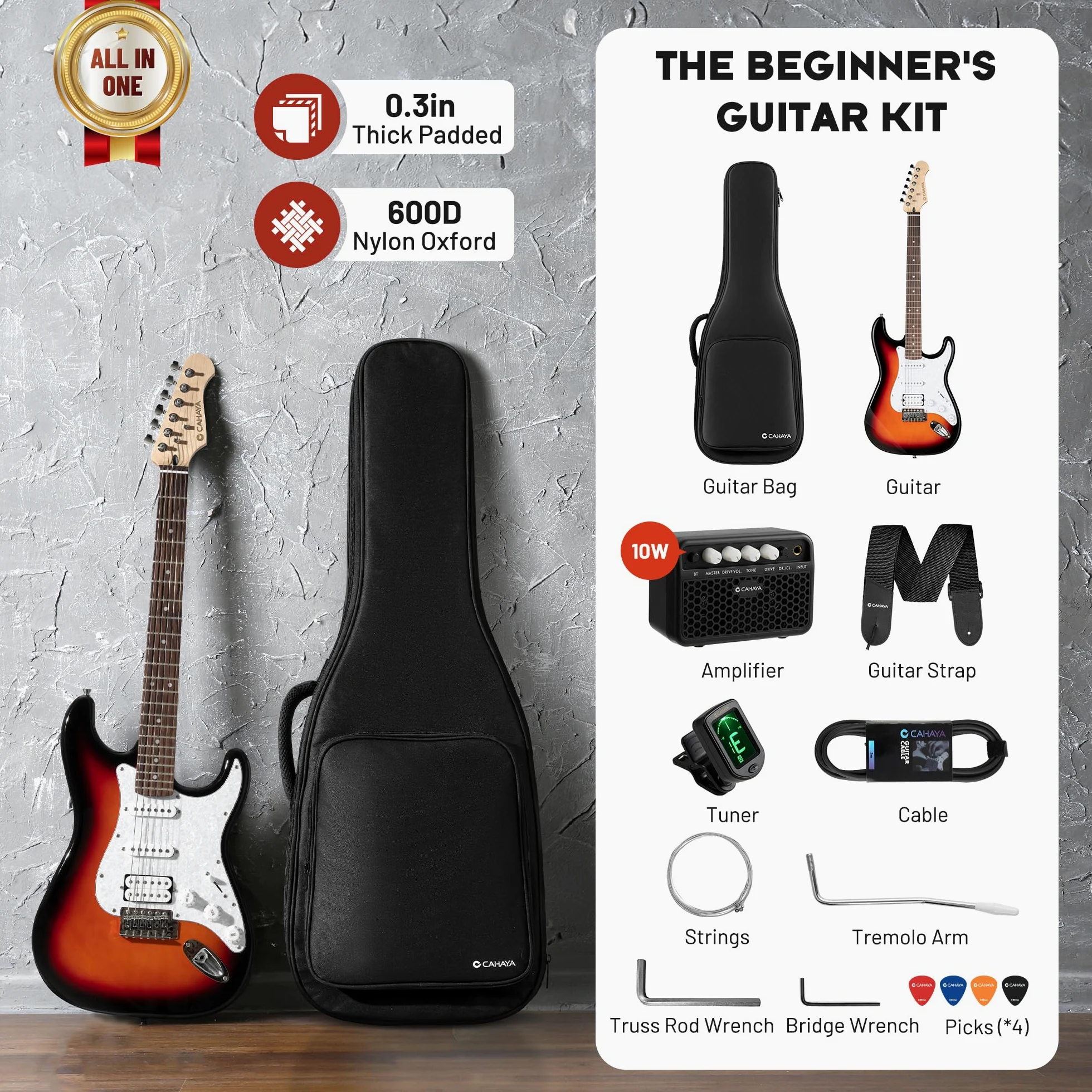 CAHAYA Set di Chitarra Elettrica e Amplificatore: chitarra Stratocaster da 39 pollici con 3 pickup (S-S-H), include custodia, accordatore, Whammy Bar e 4 plettri
